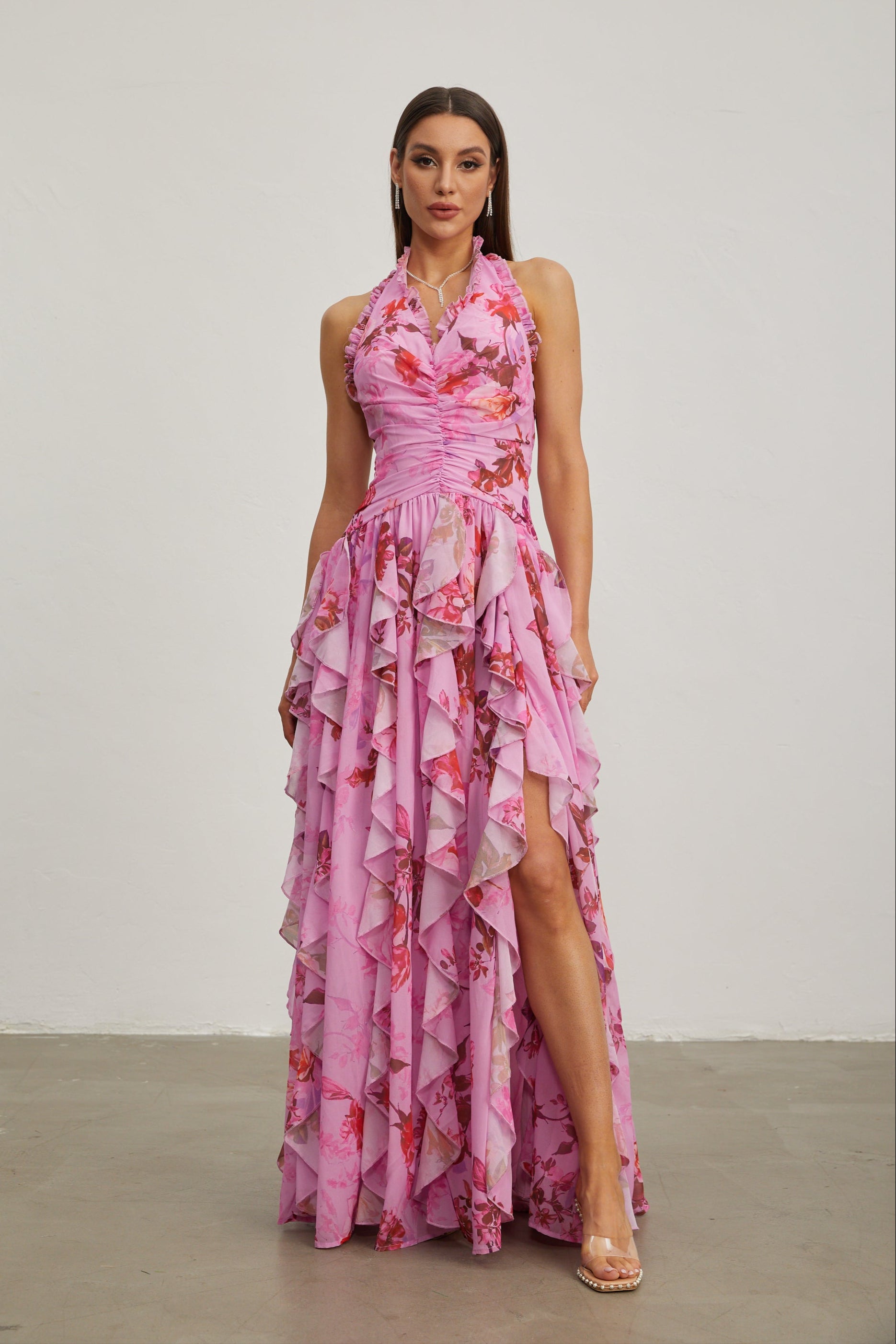Eulalie Pink Petal Ruffled Halter Maxi Dress