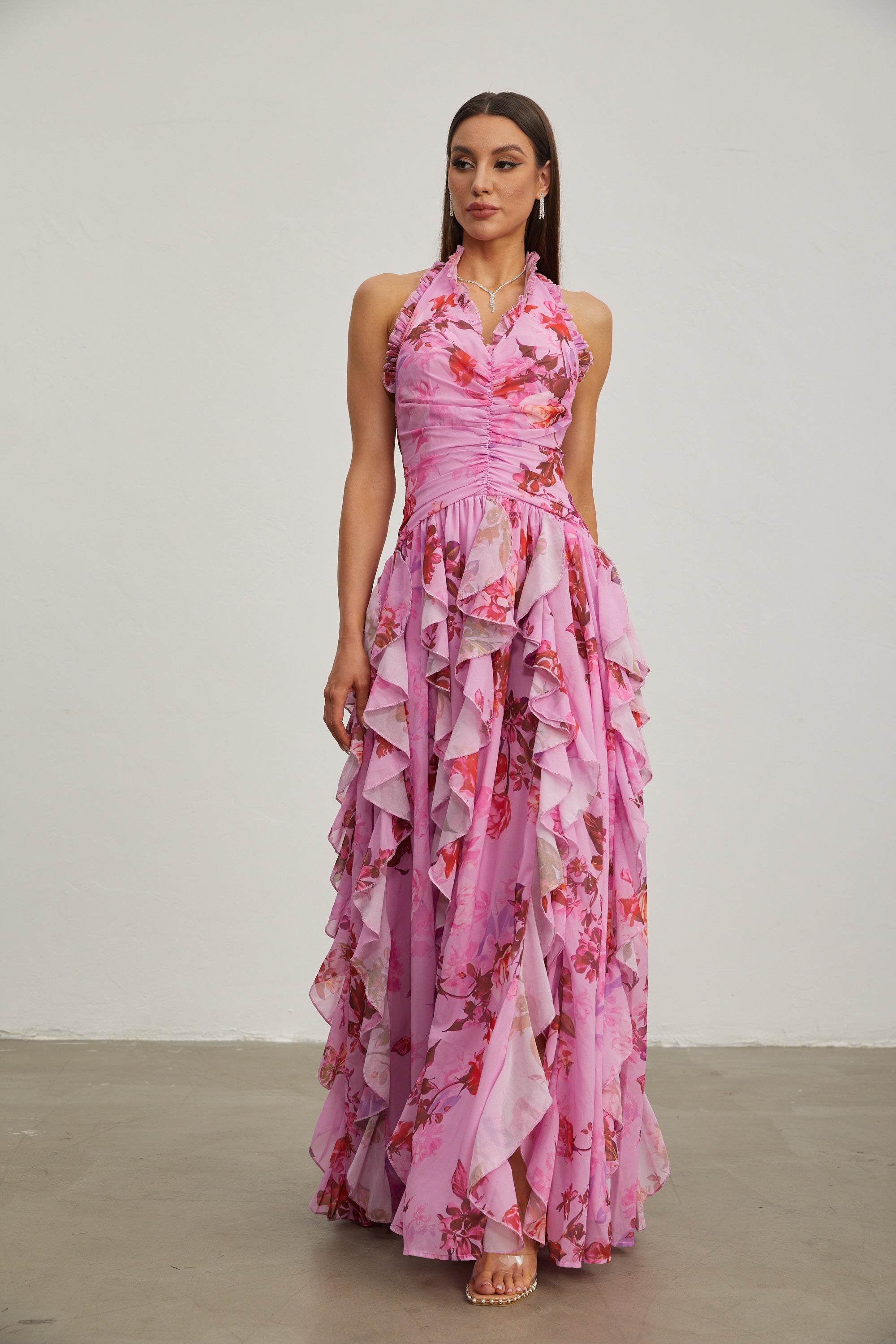 Eulalie Pink Petal Ruffled Halter Maxi Dress