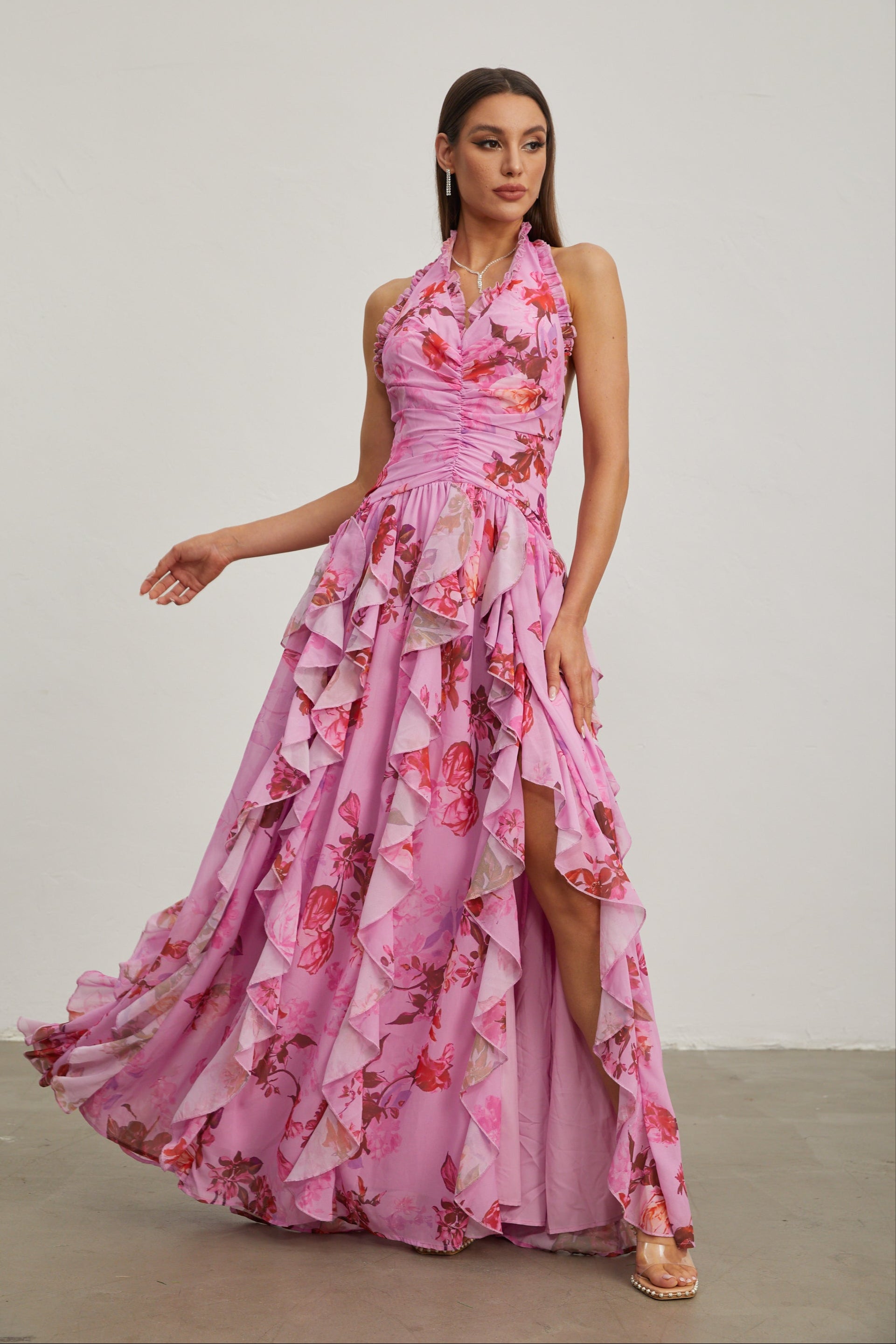 Eulalie Pink Petal Ruffled Halter Maxi Dress