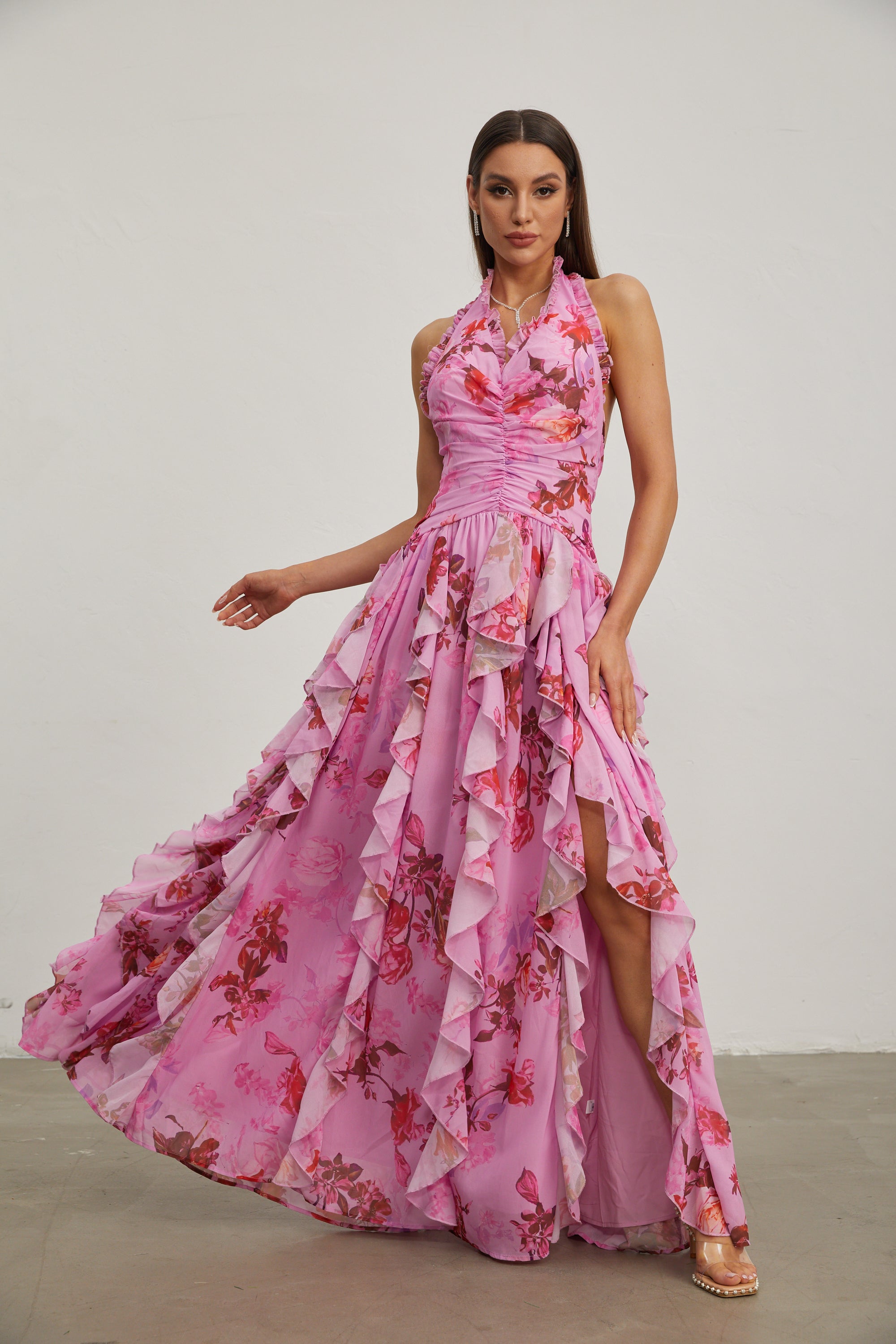 Eulalie Pink Petal Ruffled Halter Maxi Dress