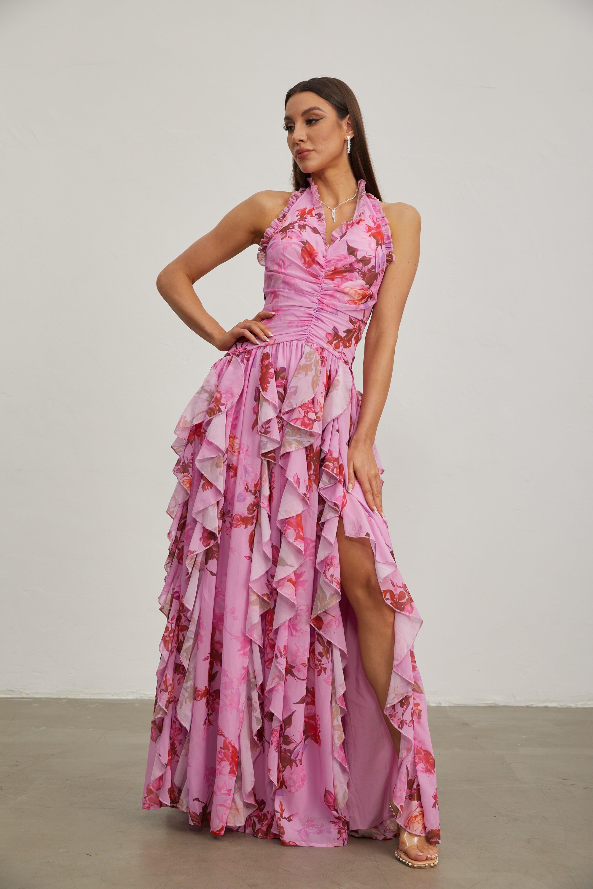Eulalie Pink Petal Ruffled Halter Maxi Dress
