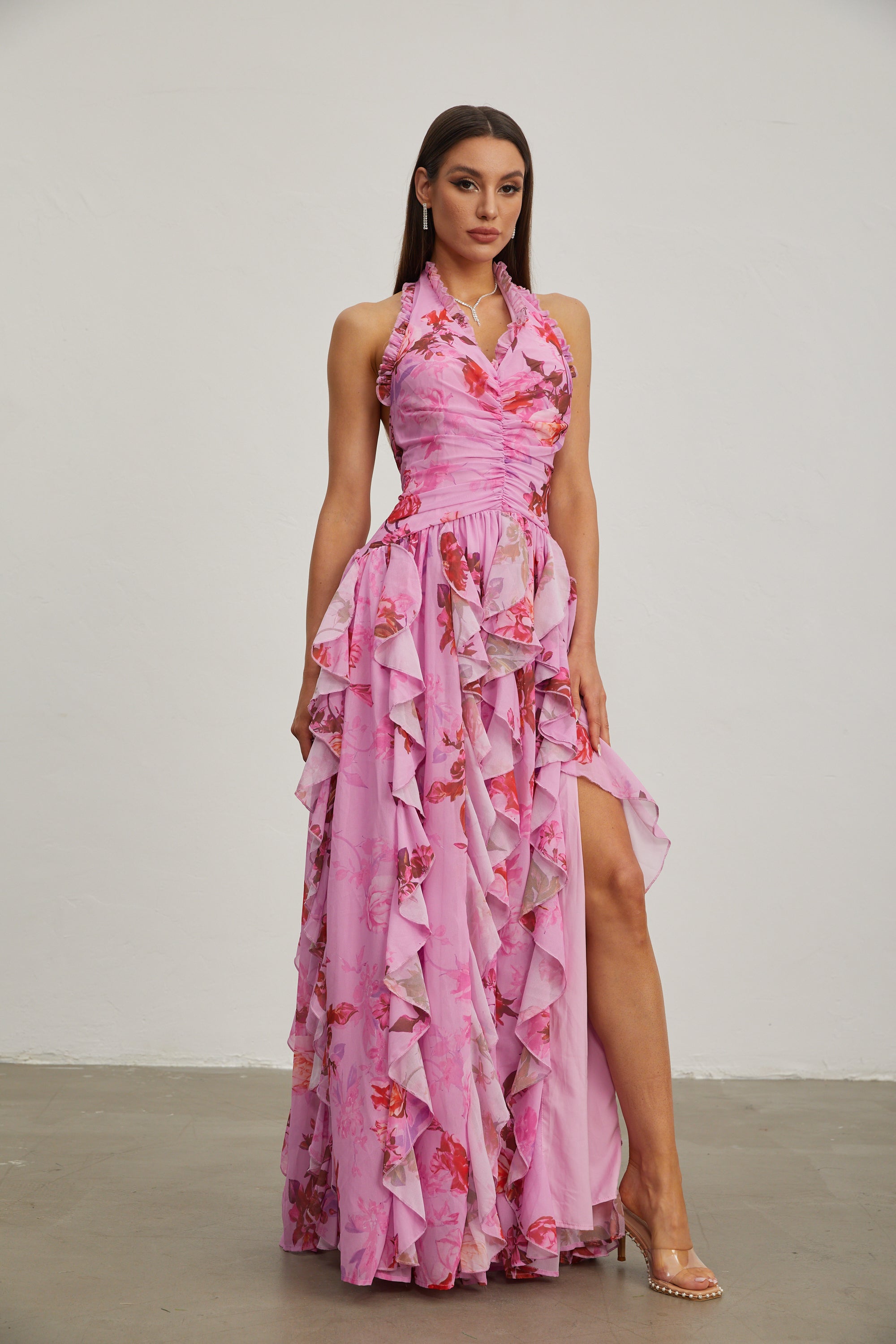 Eulalie Pink Petal Ruffled Halter Maxi Dress