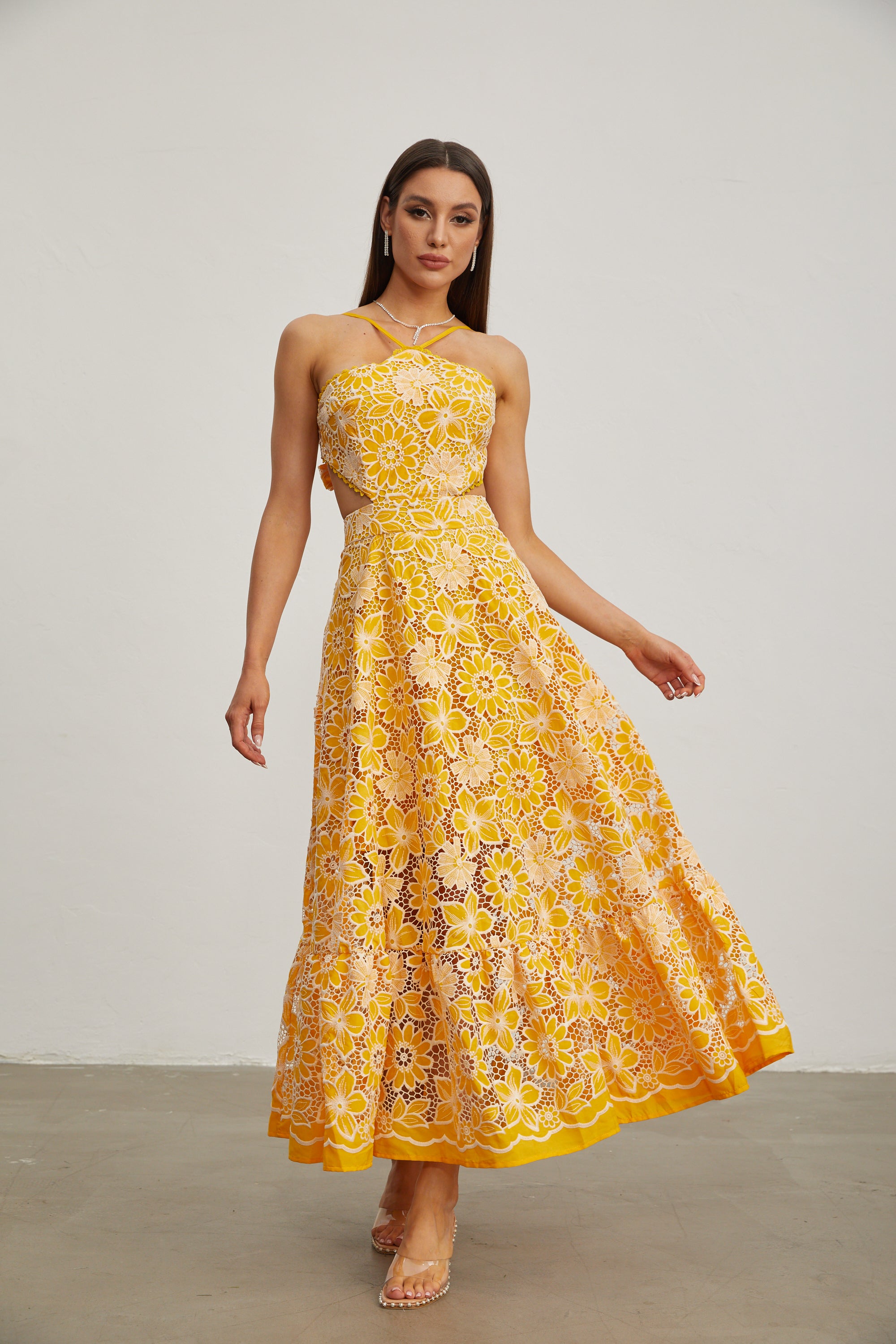 Michaelia Yellow Cut Out Halter Maxi Dress