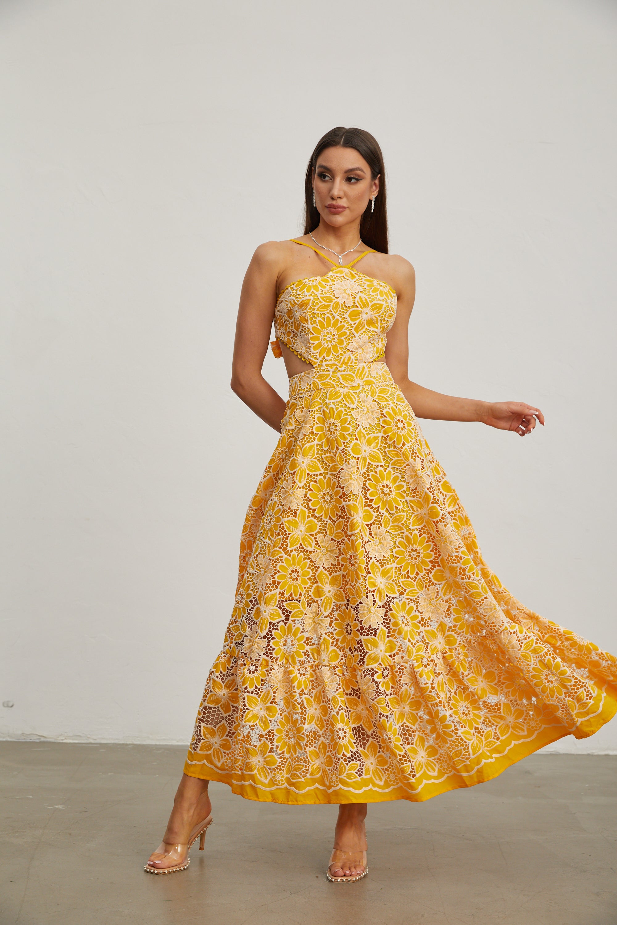 Michaelia Yellow Cut Out Halter Maxi Dress