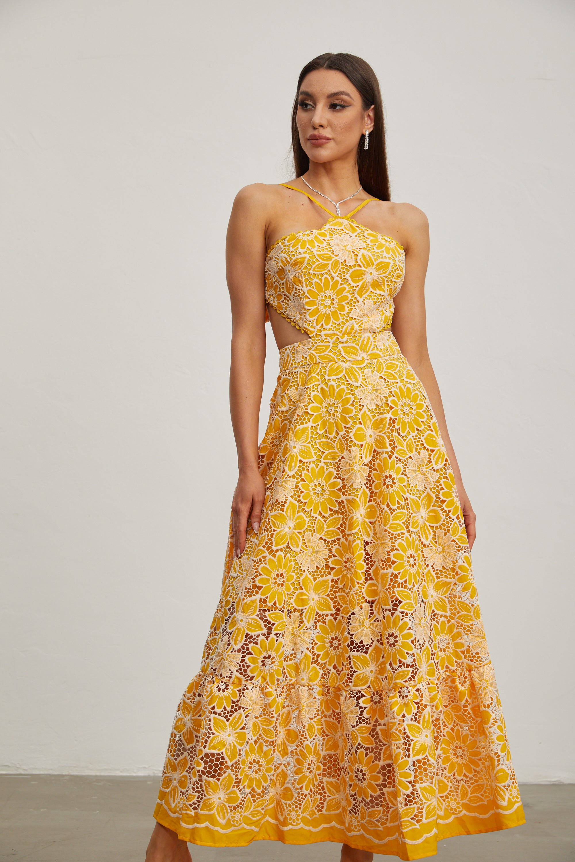 Michaelia Yellow Cut Out Halter Maxi Dress