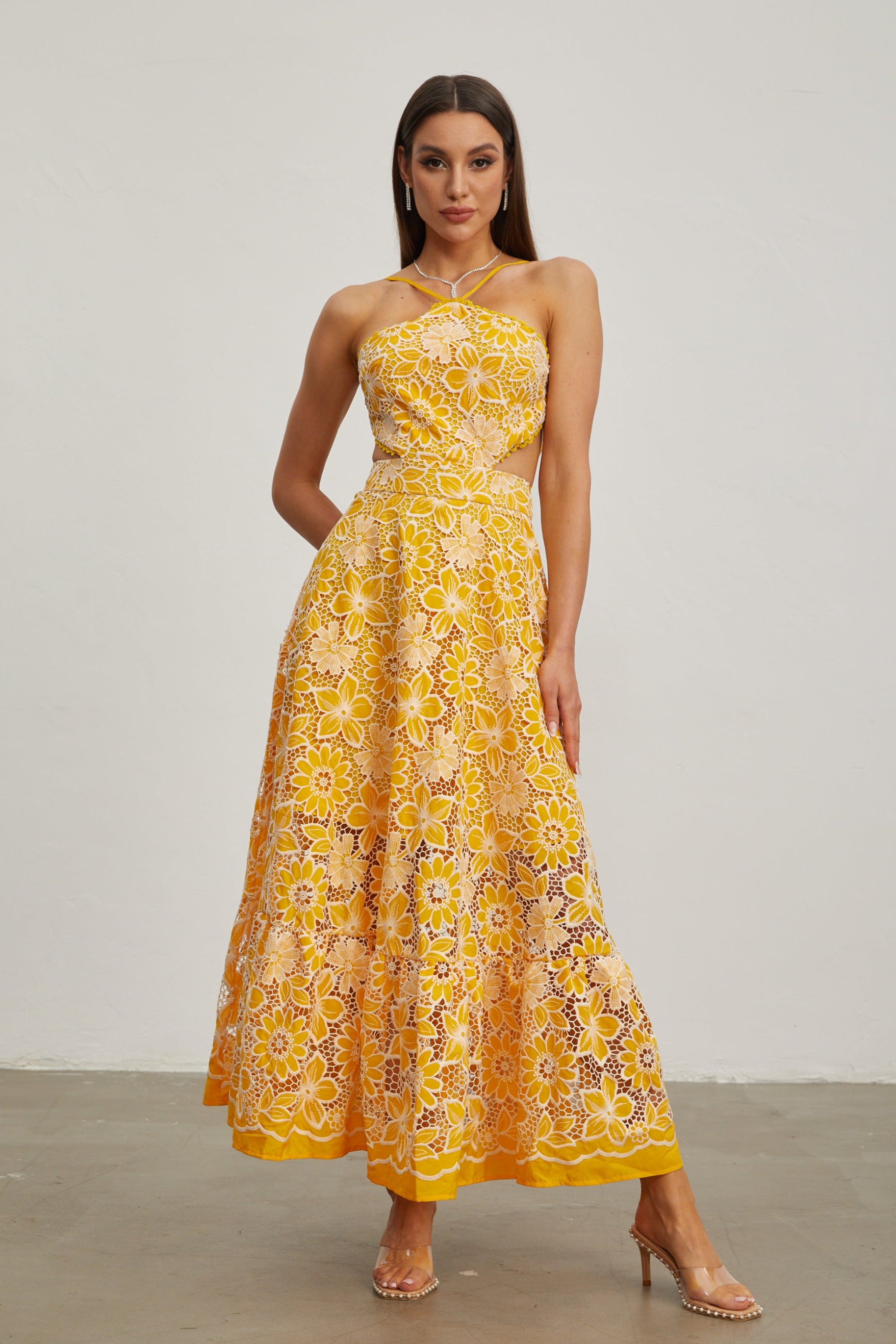 Michaelia Yellow Cut Out Halter Maxi Dress