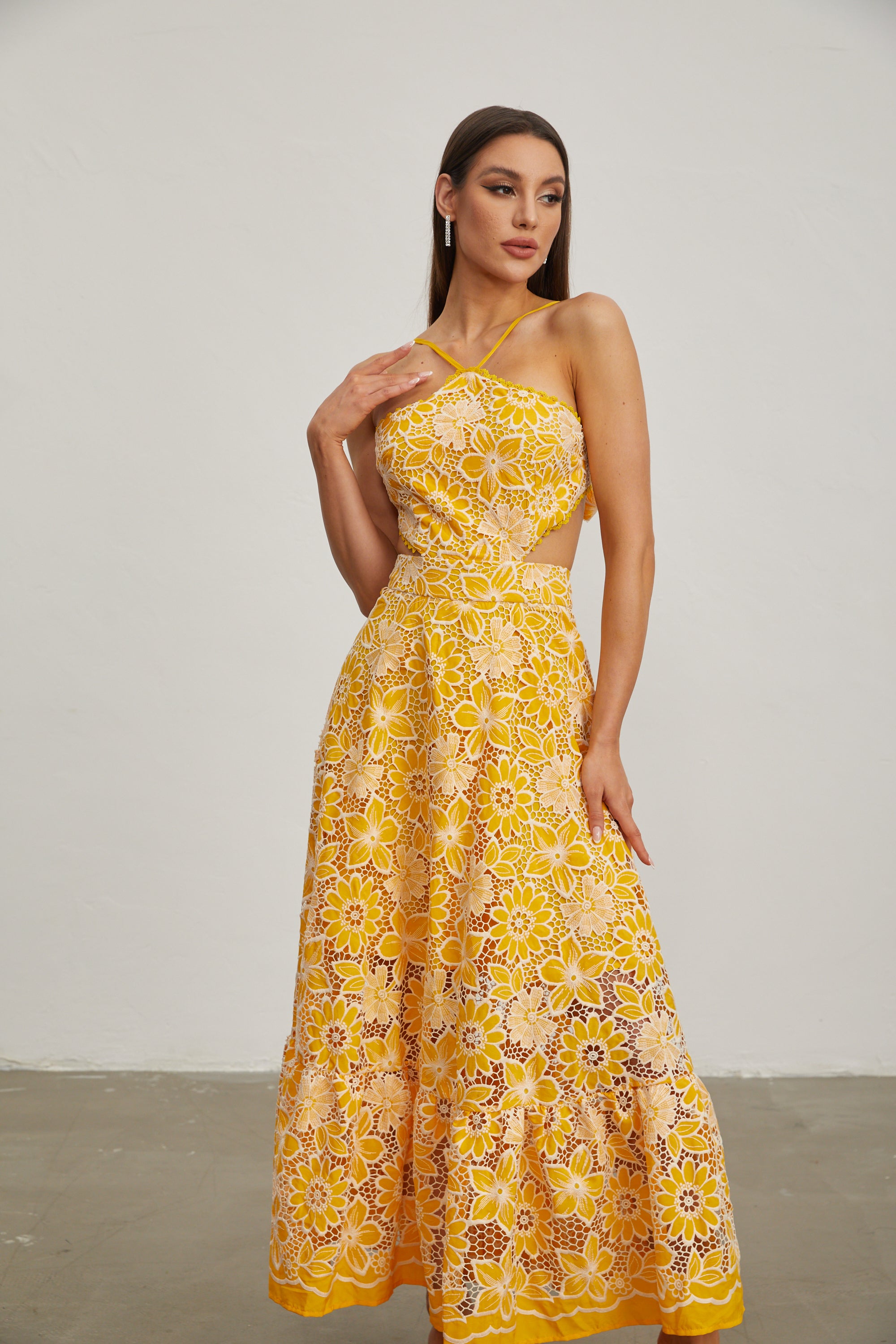 Michaelia Yellow Cut Out Halter Maxi Dress