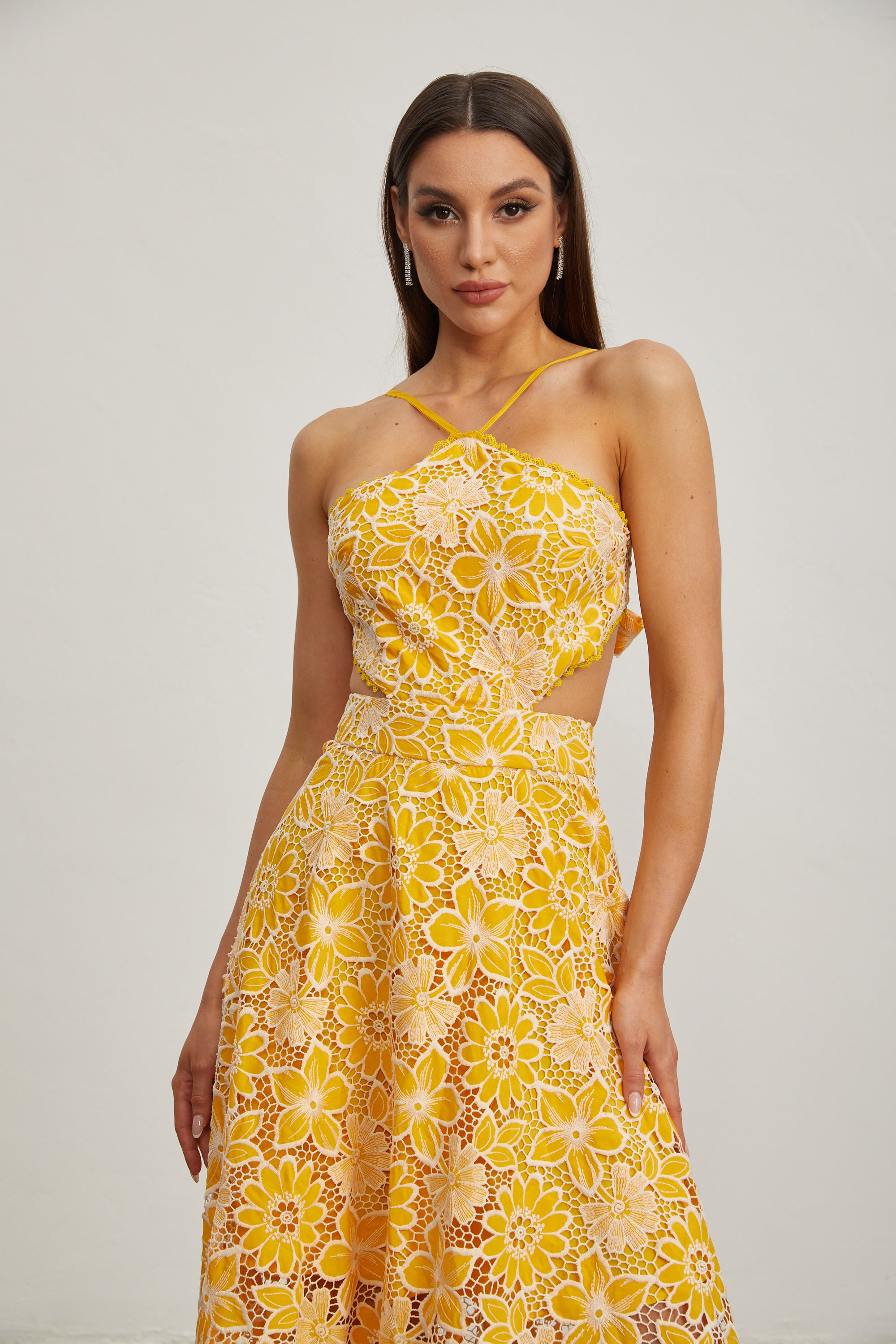 Michaelia Yellow Cut Out Halter Maxi Dress