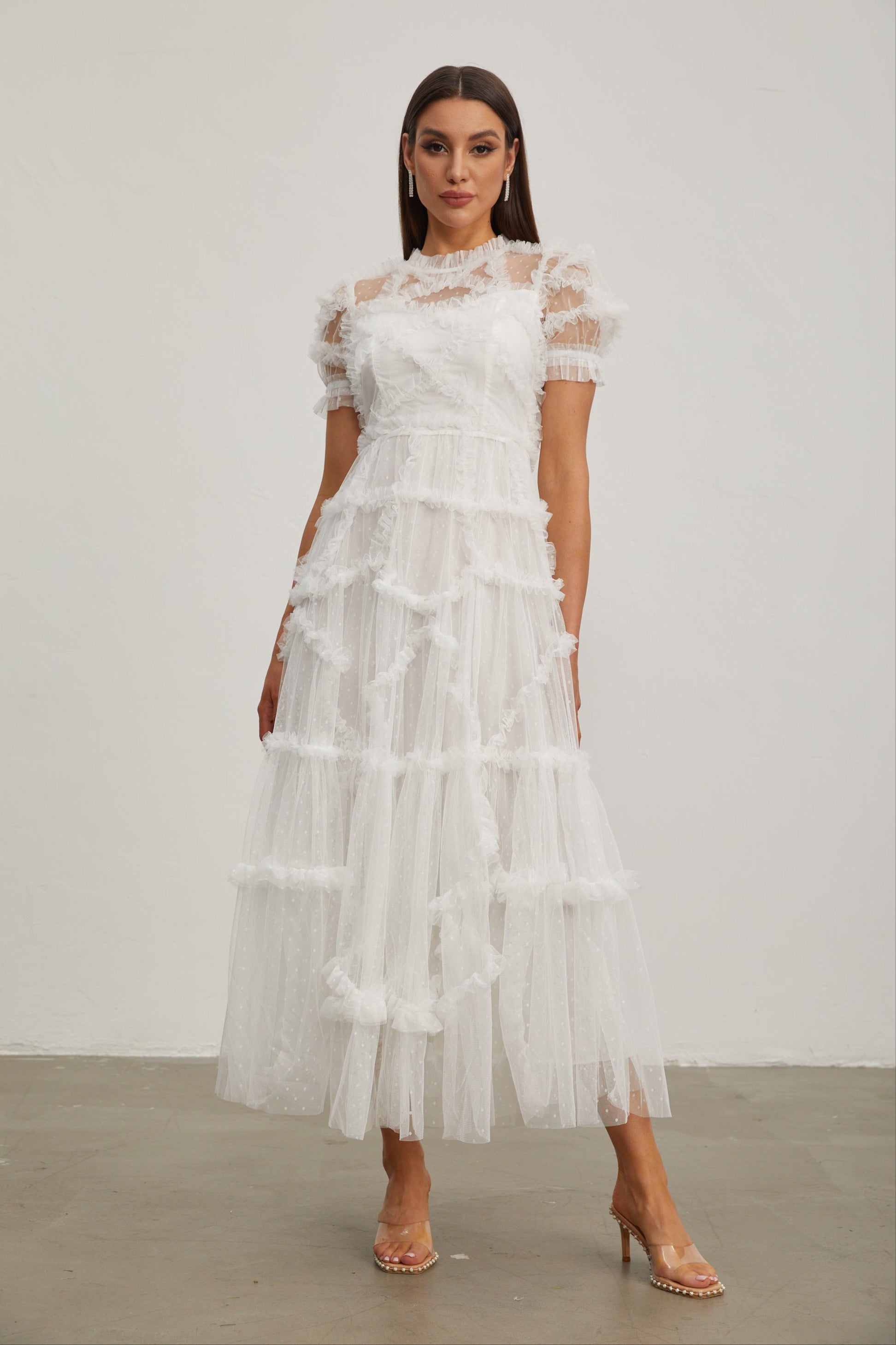 Katia White Ruffled Chiffon Midi Dress