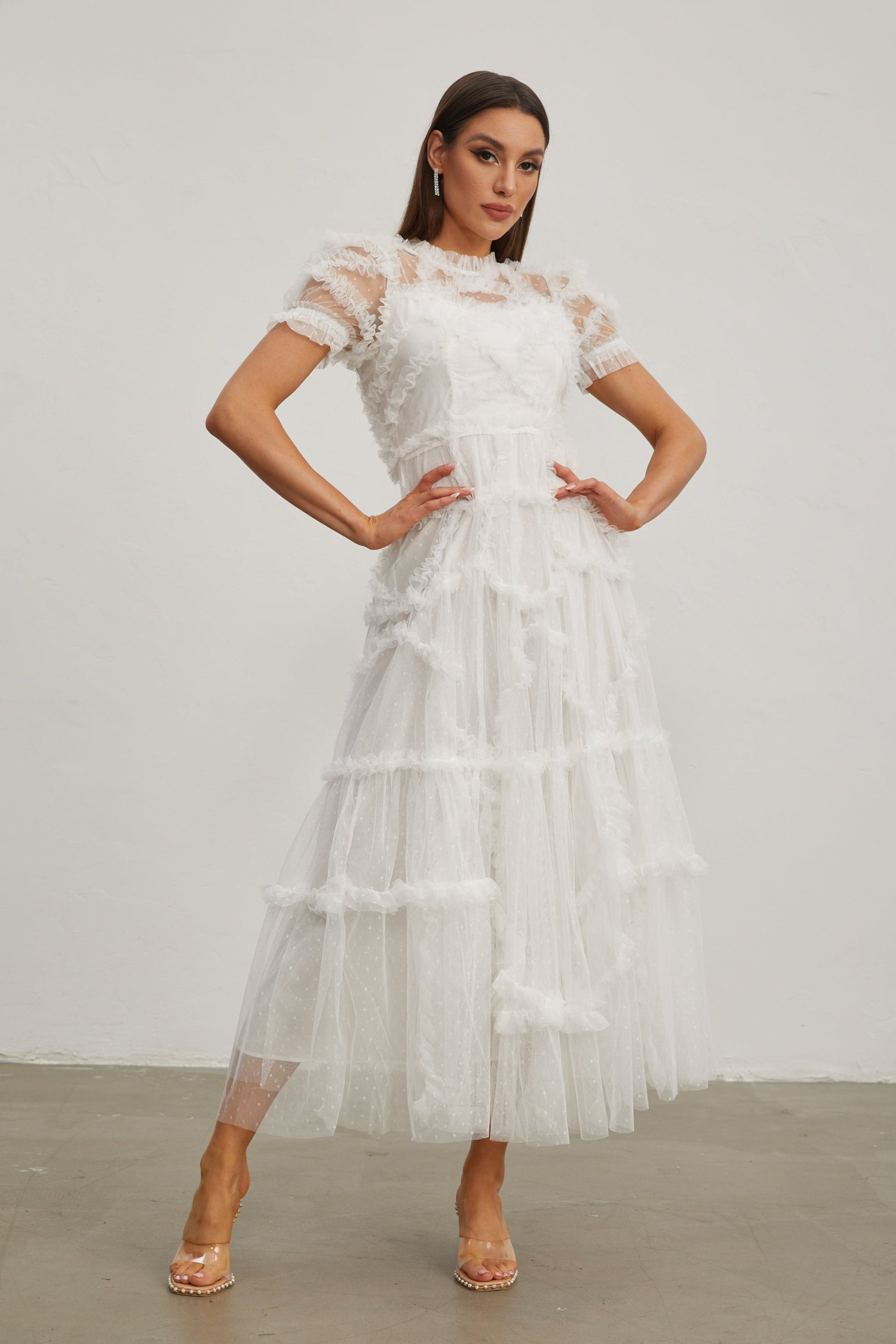 Katia White Ruffled Chiffon Midi Dress