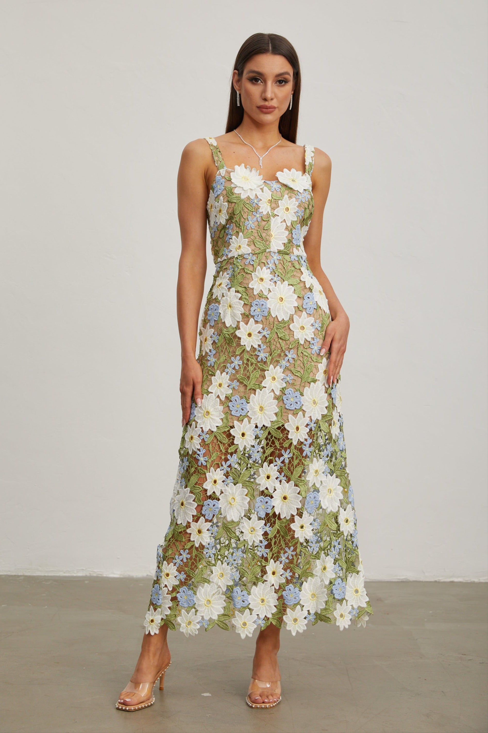 Denisa Botanica Sleeveless Embroidered Midi Dress