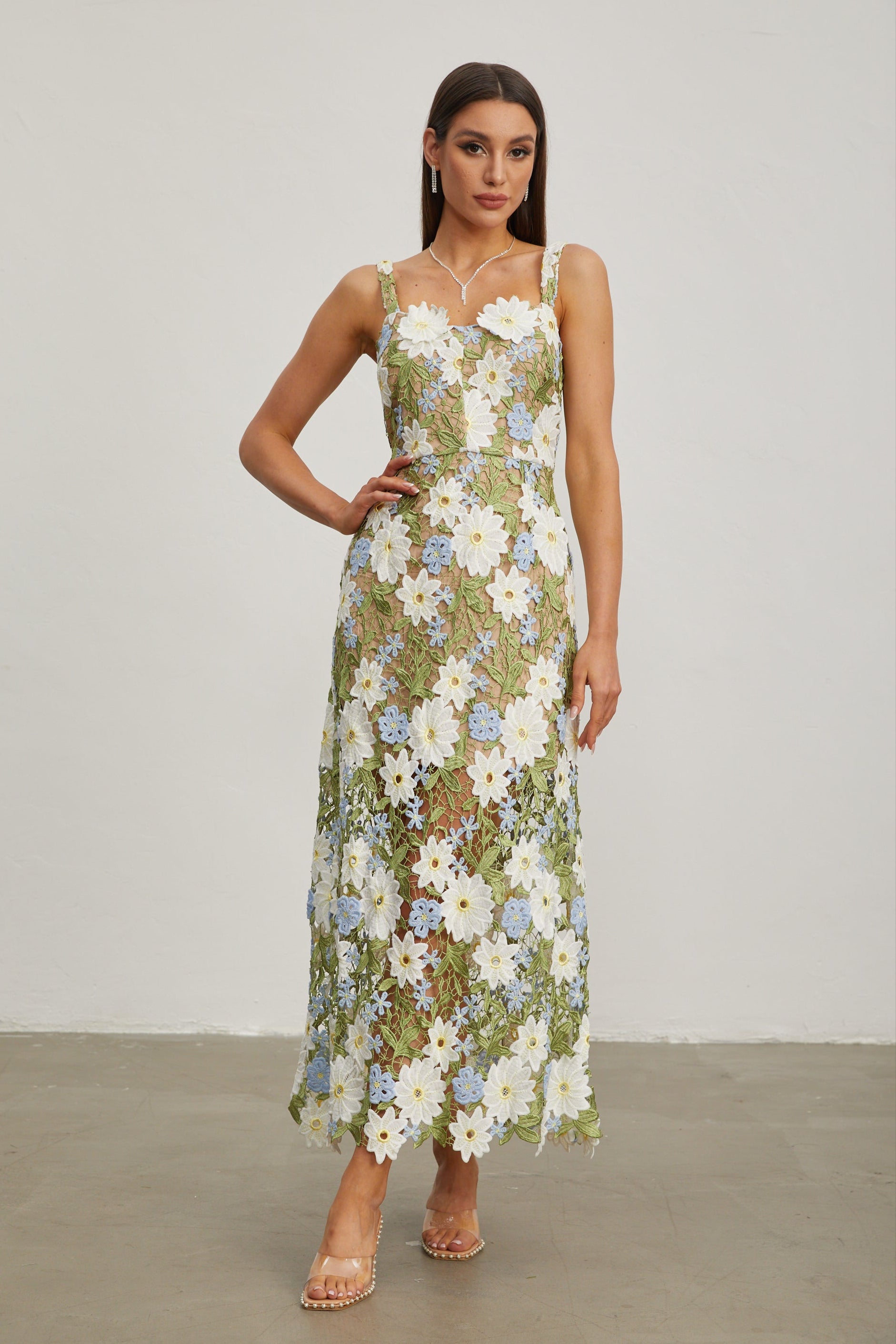 Denisa Botanica Sleeveless Embroidered Midi Dress