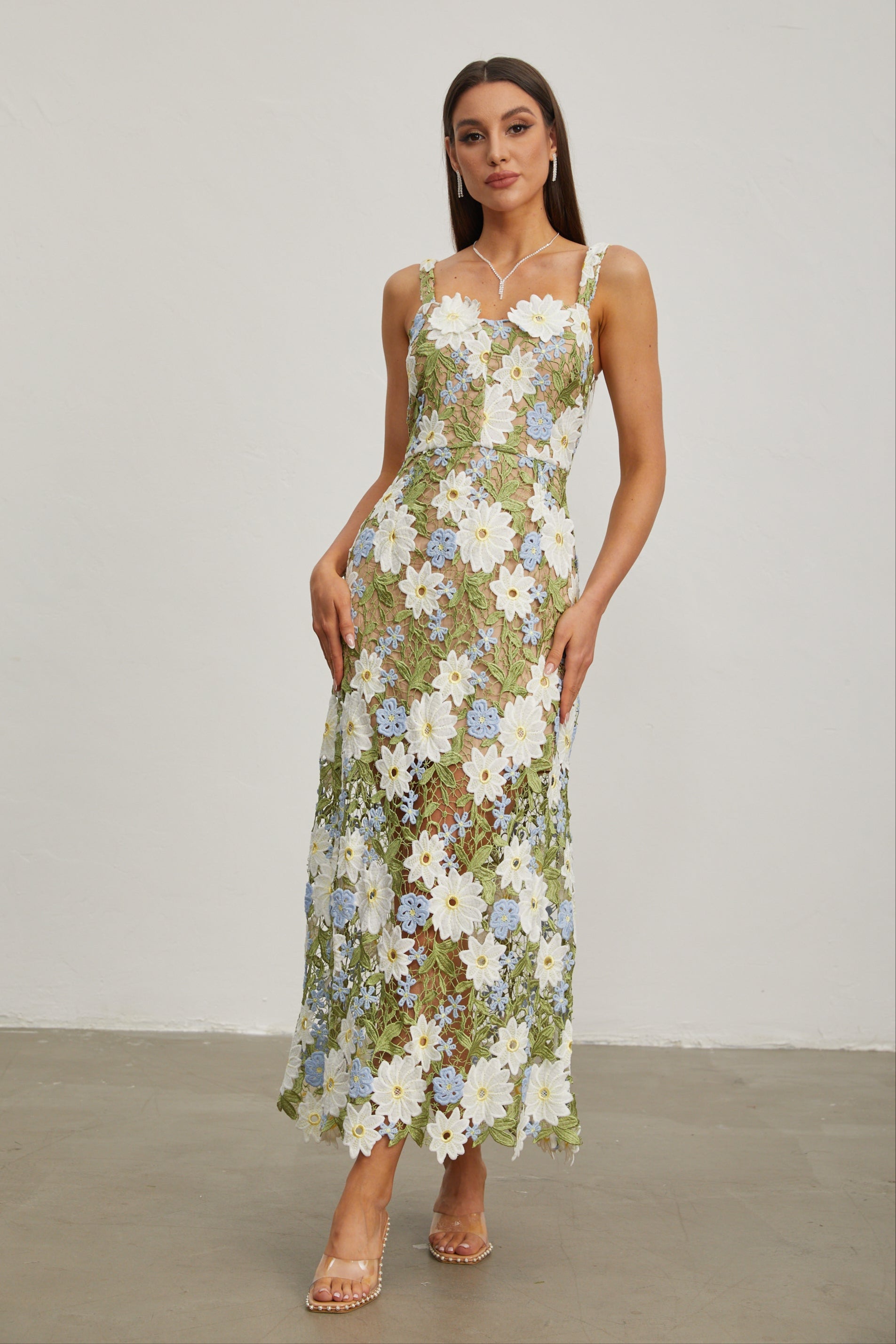 Denisa Botanica Sleeveless Embroidered Midi Dress