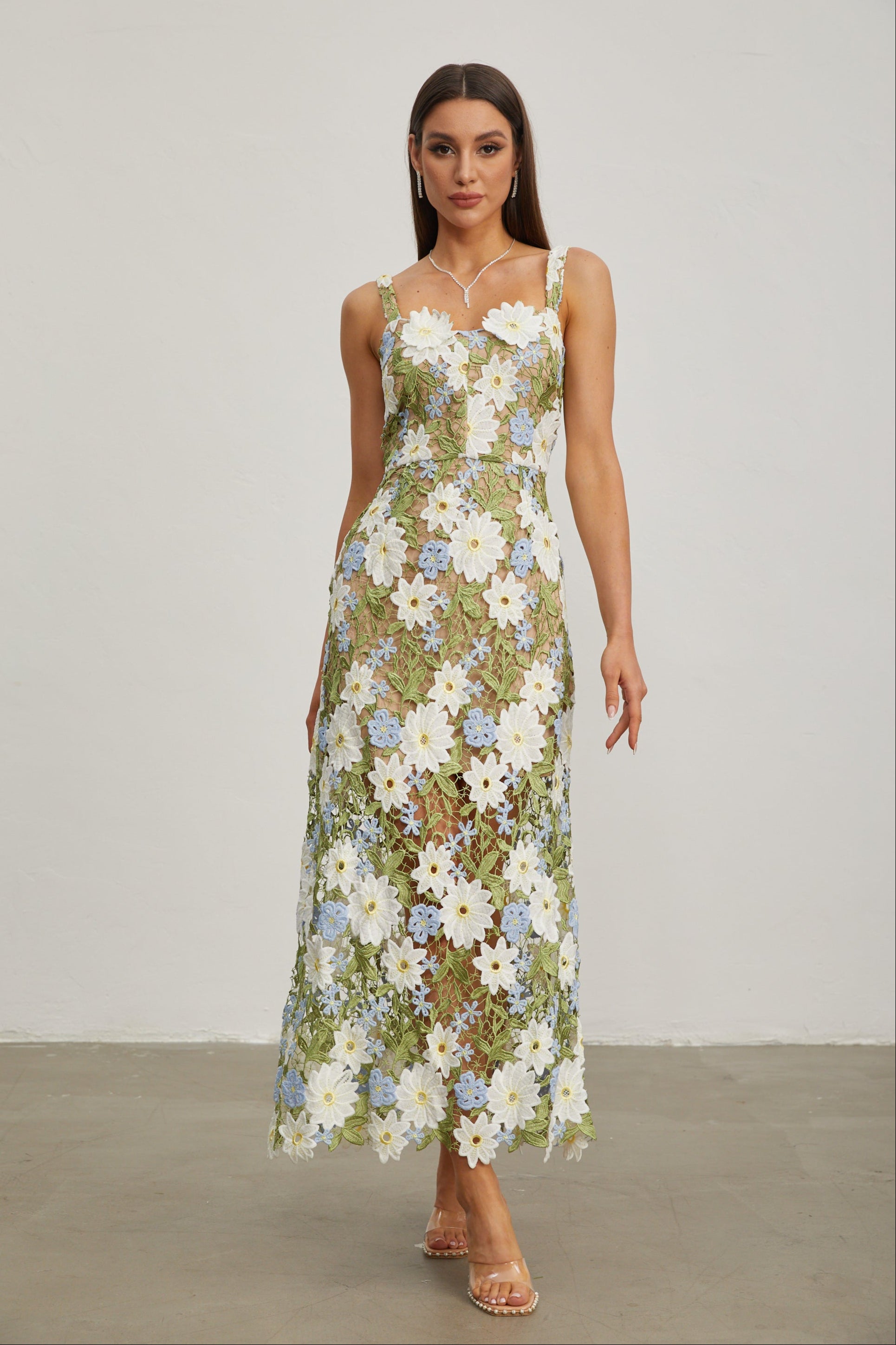 Denisa Botanica Sleeveless Embroidered Midi Dress
