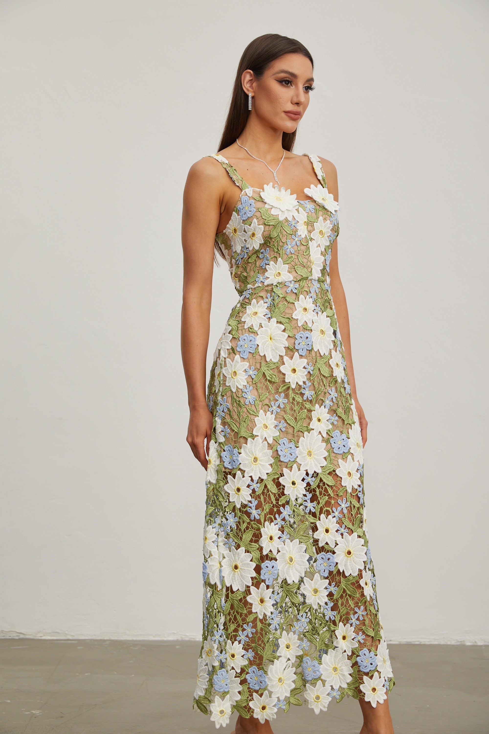 Denisa Botanica Sleeveless Embroidered Midi Dress