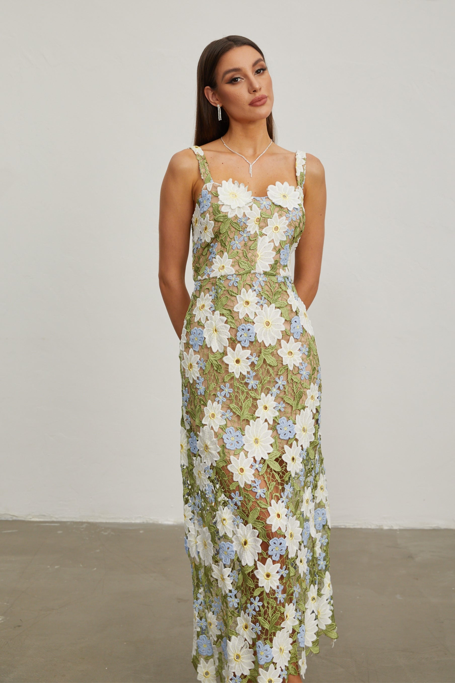 Denisa Botanica Sleeveless Embroidered Midi Dress