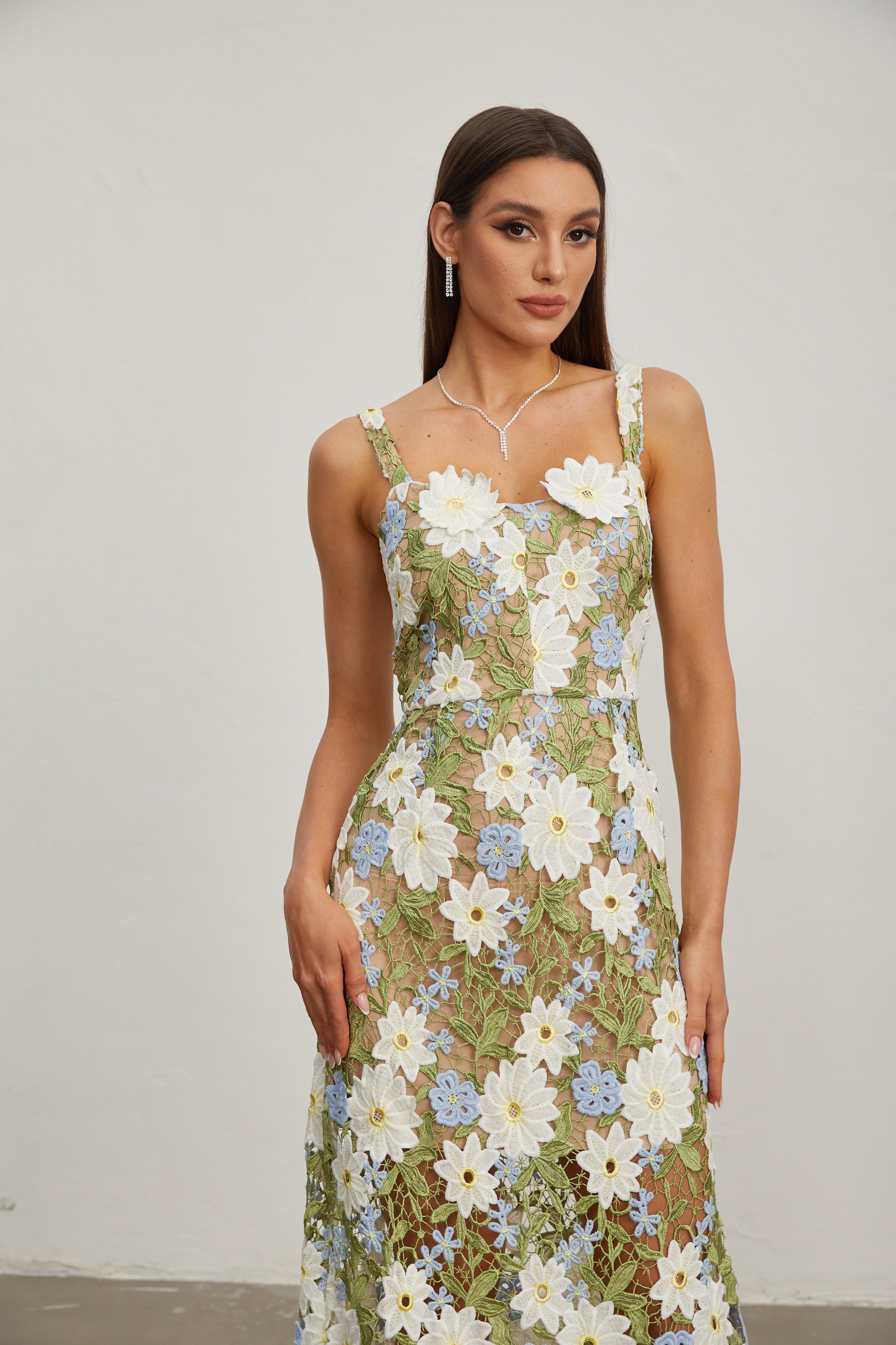 Denisa Botanica Sleeveless Embroidered Midi Dress