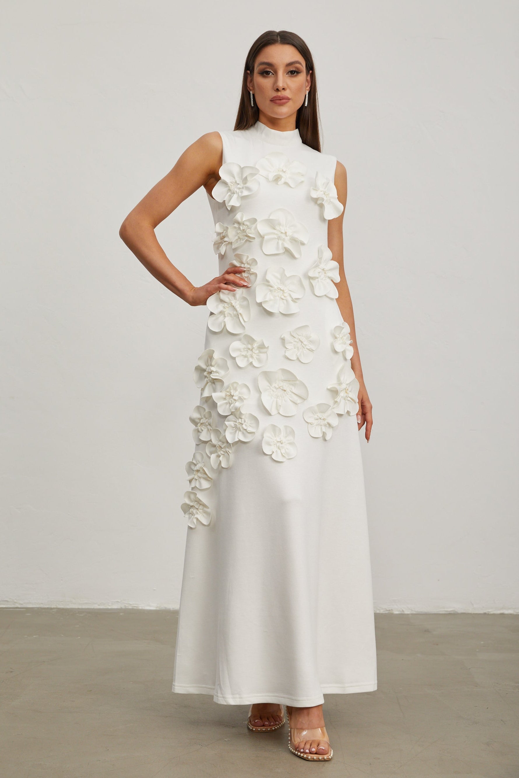 Liora White Rose Flower Maxi Dress