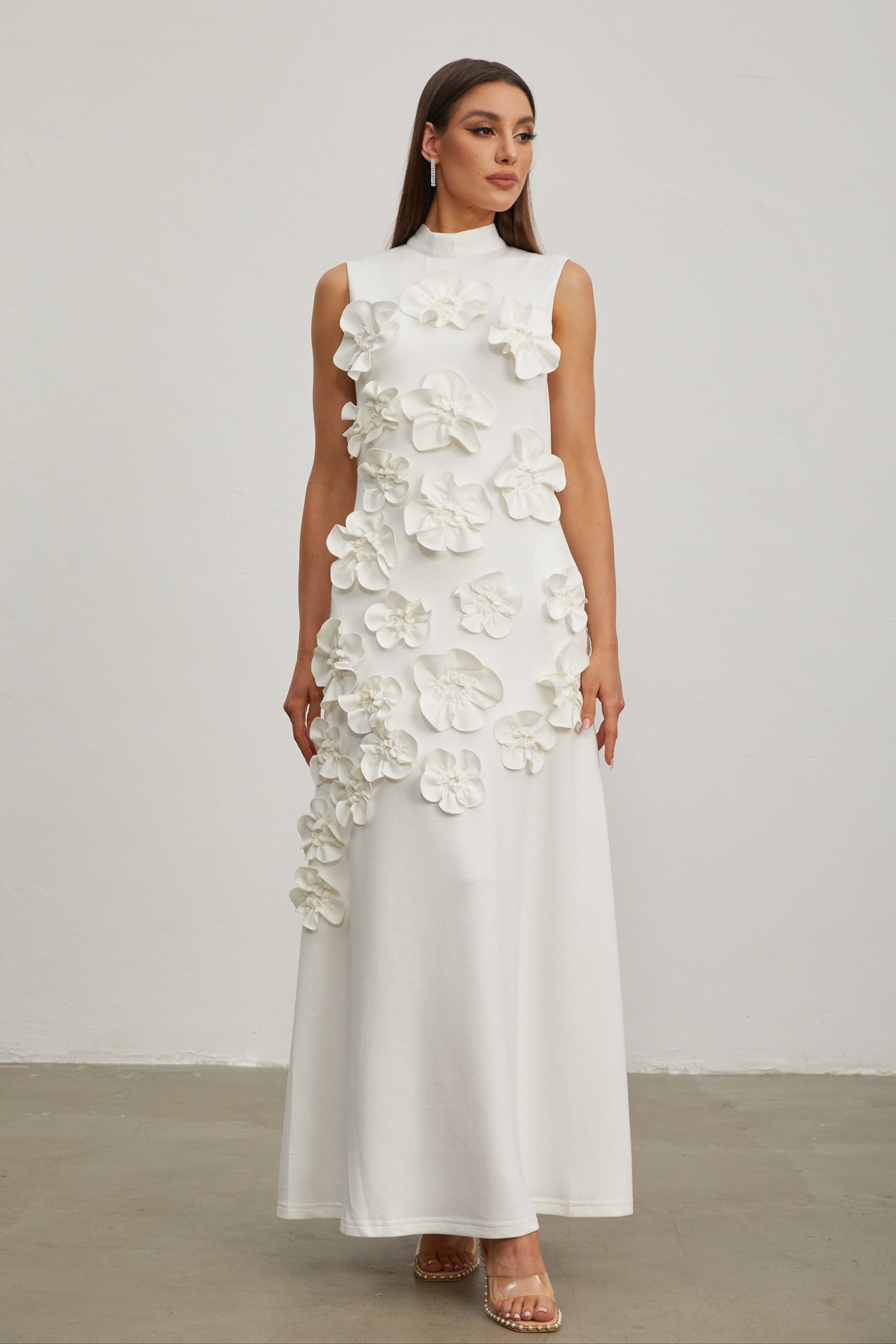 Liora White Rose Flower Maxi Dress