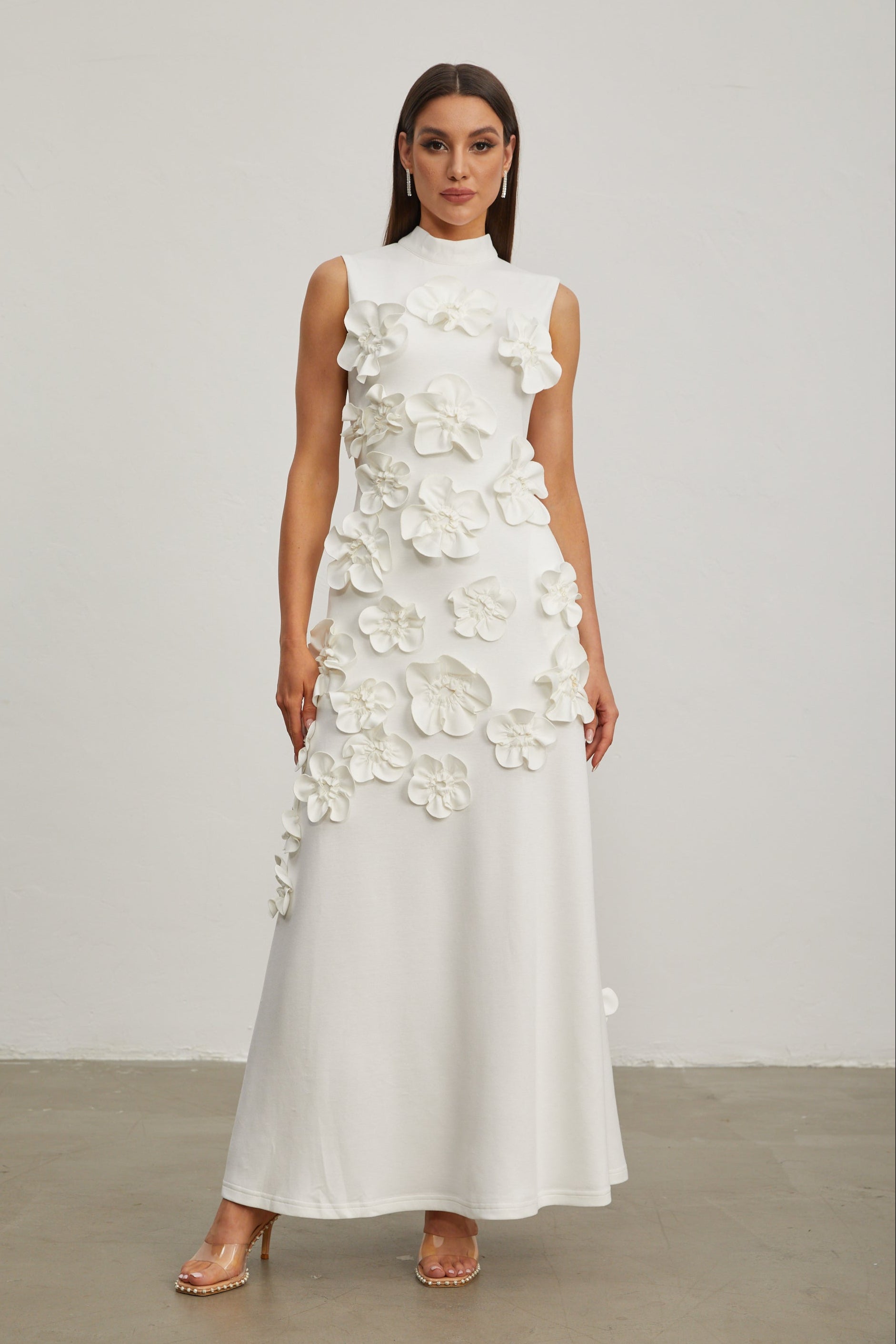 Liora White Rose Flower Maxi Dress