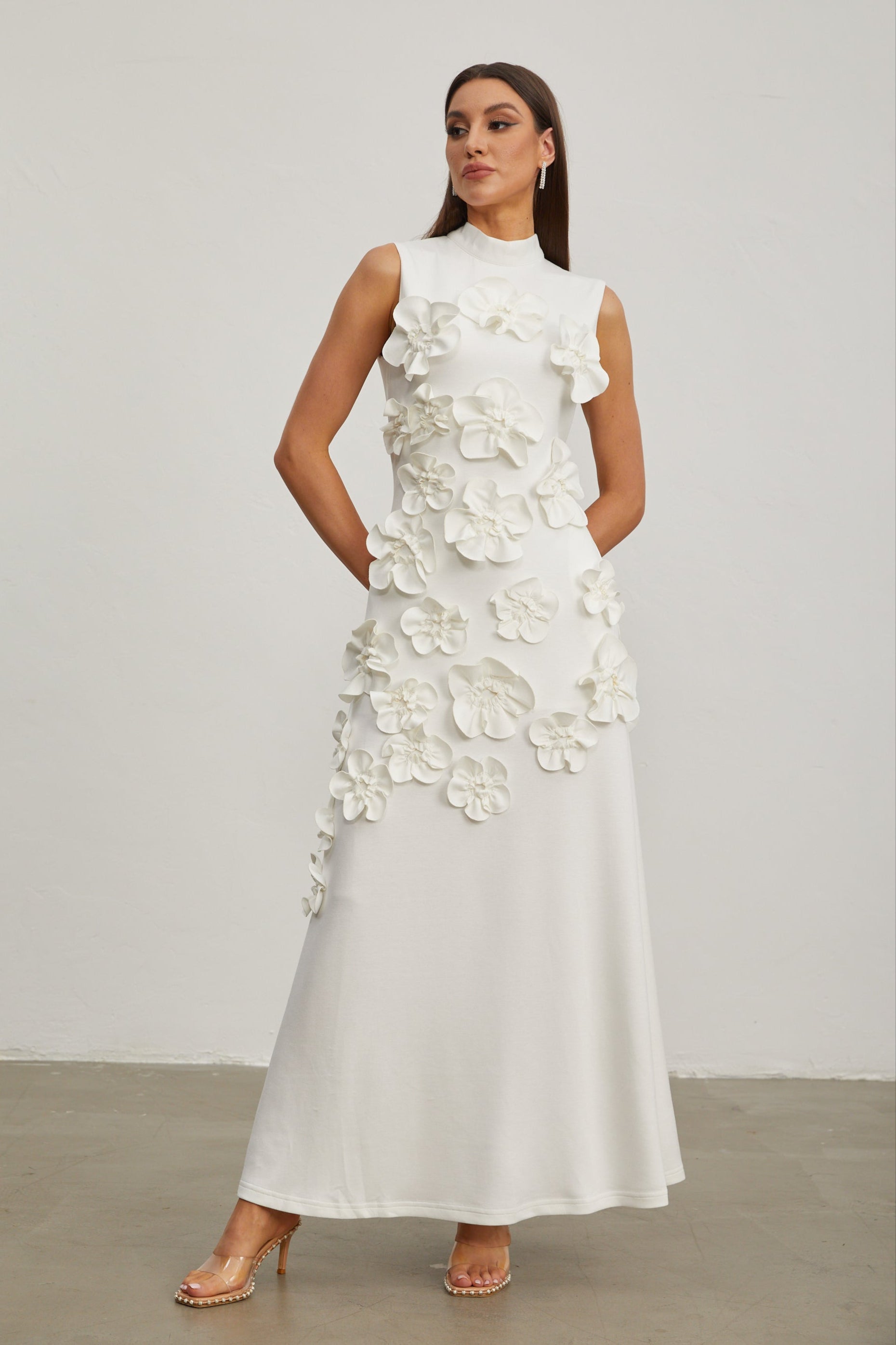 Liora White Rose Flower Maxi Dress