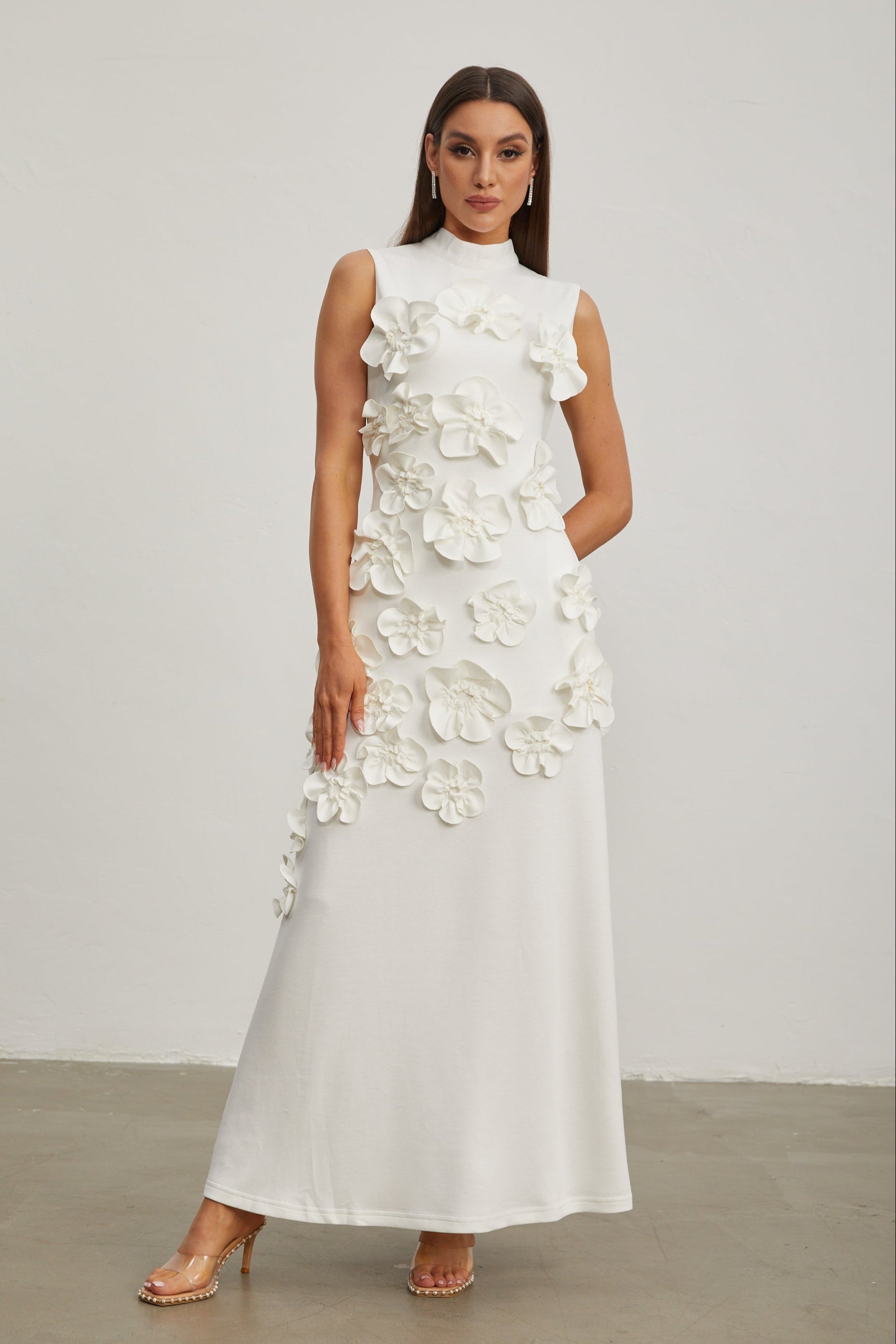 Liora White Rose Flower Maxi Dress