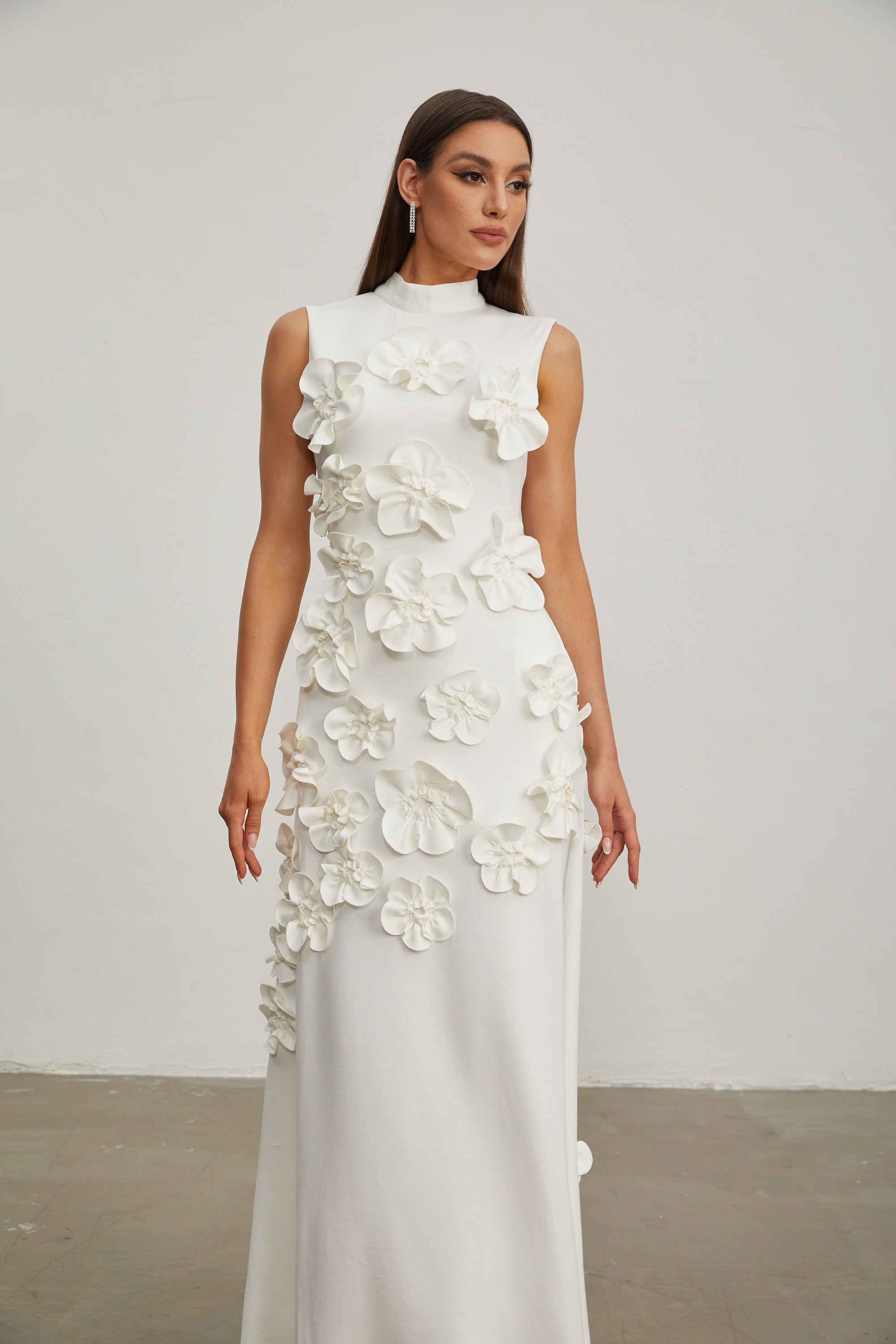 Liora White Rose Flower Maxi Dress