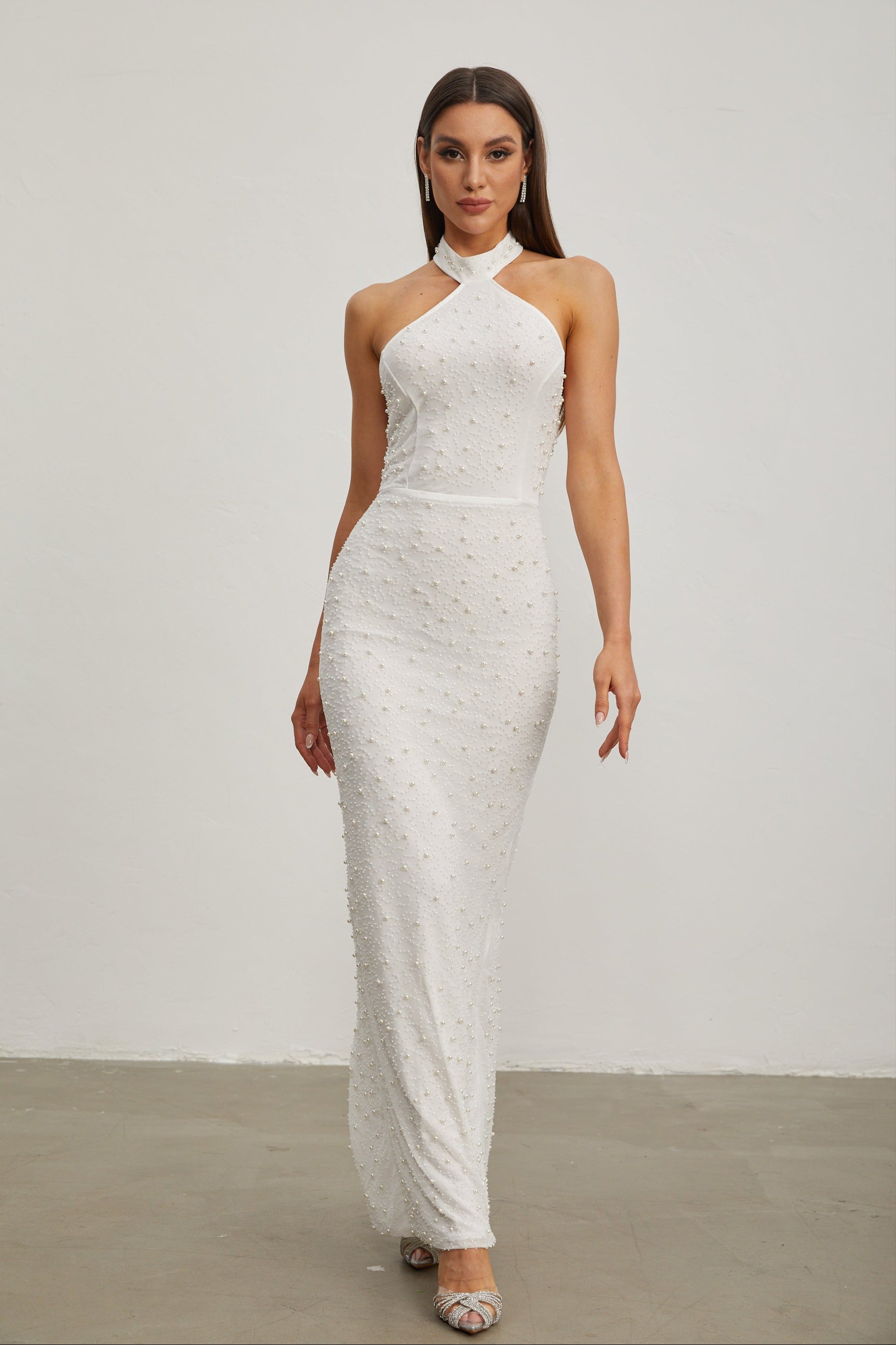 Claribel Pearl Embellished Halter Neck Maxi Dress