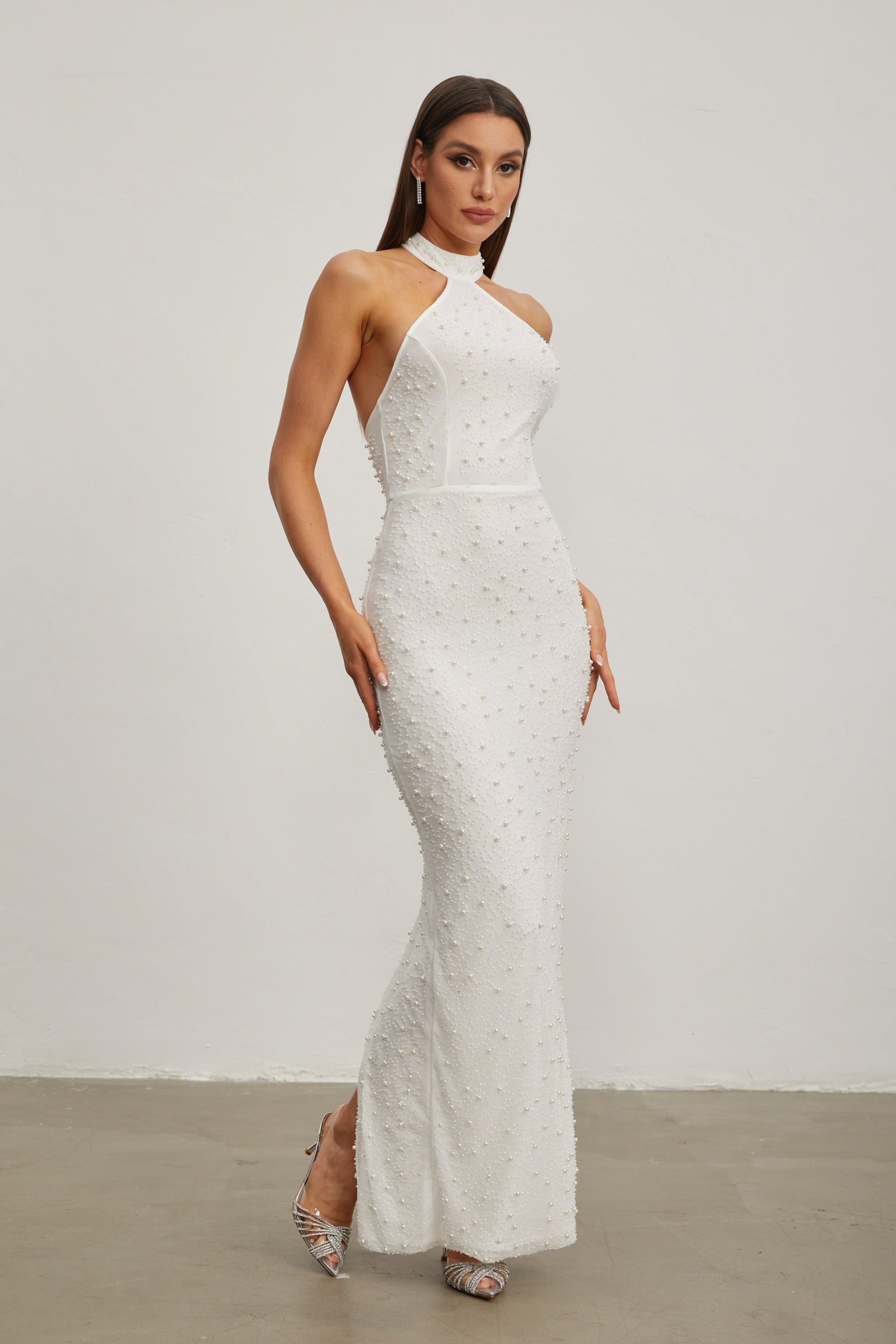 Claribel Pearl Embellished Halter Neck Maxi Dress