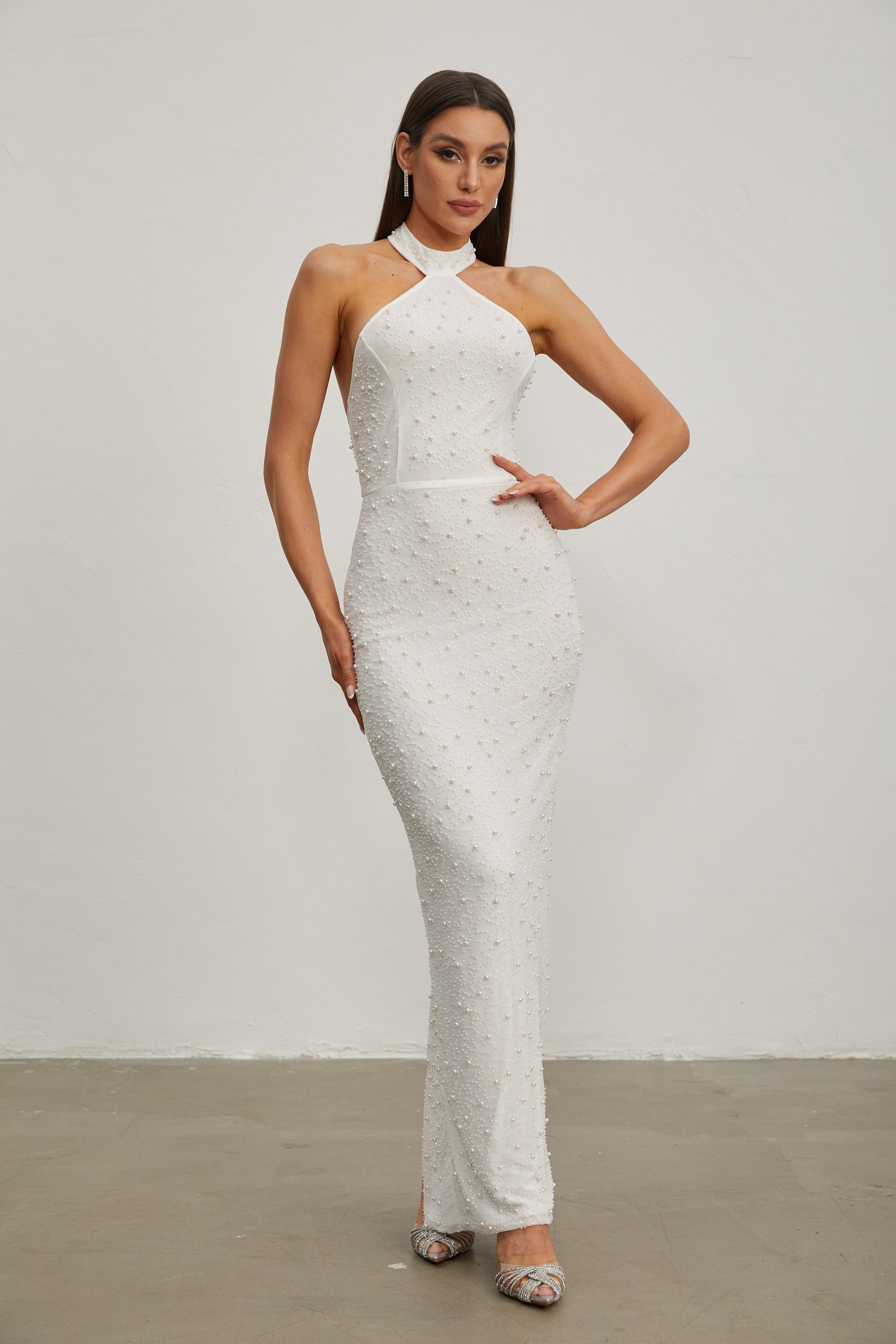 Claribel Pearl Embellished Halter Neck Maxi Dress