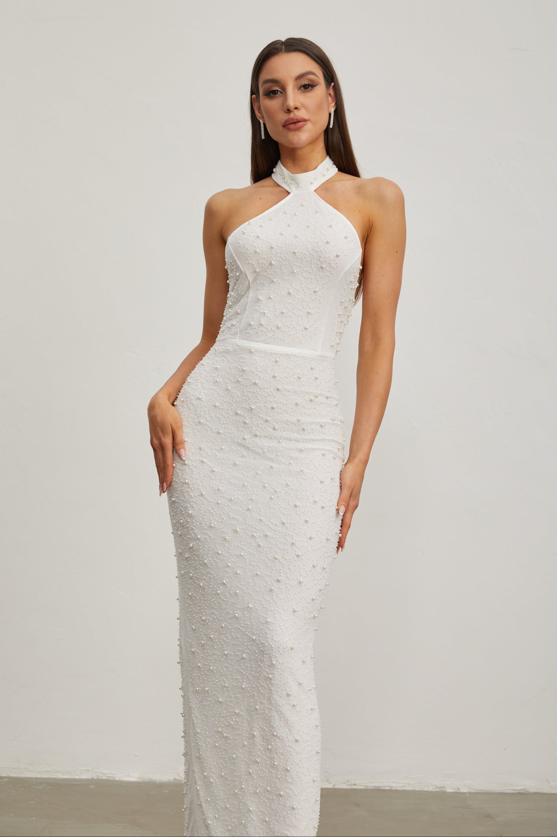 Claribel Pearl Embellished Halter Neck Maxi Dress