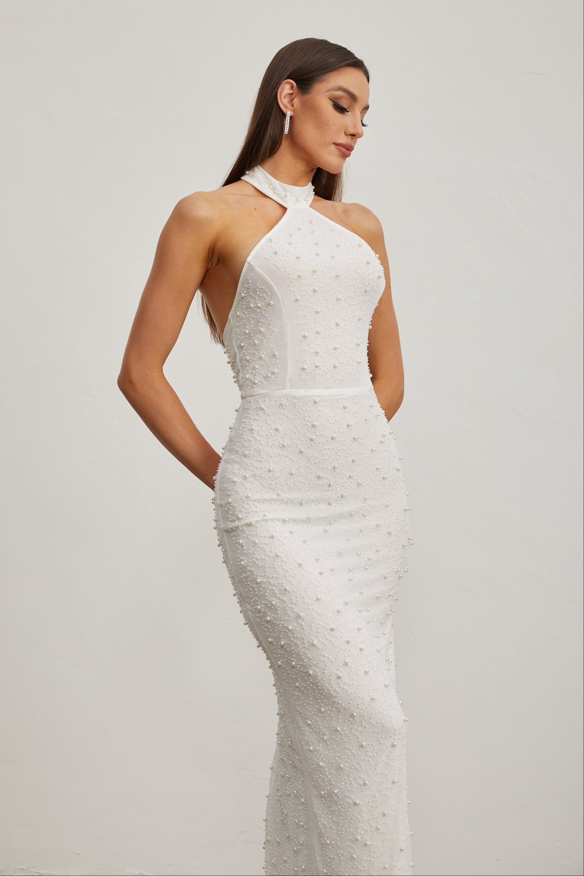 Claribel Pearl Embellished Halter Neck Maxi Dress