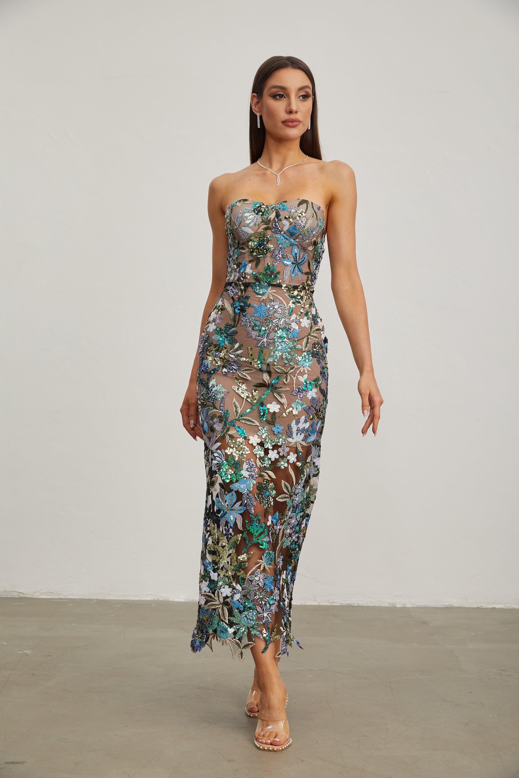 Leanna Green Flower Embroidered Maxi Dress