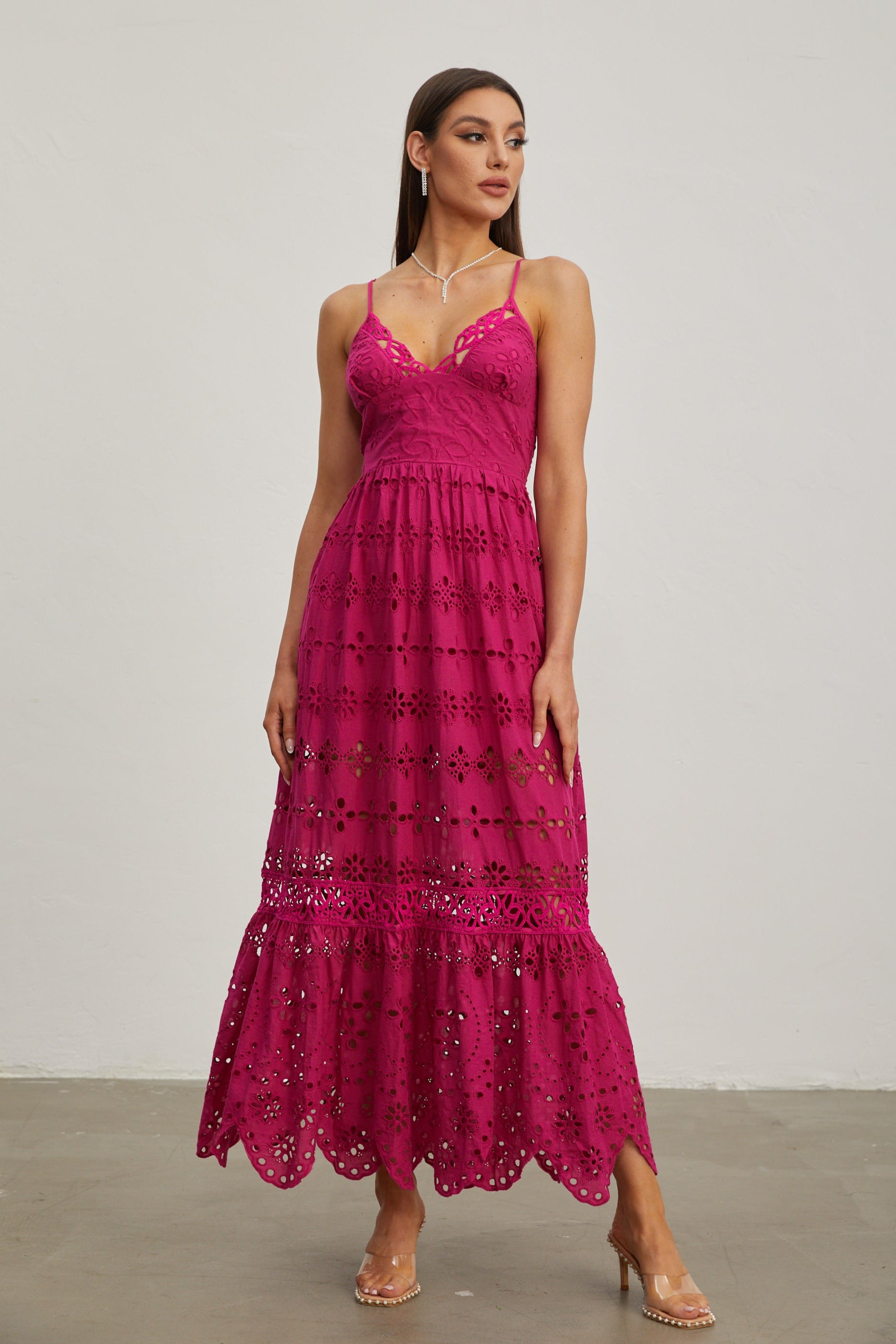 Quitterie Raspberry Lace Sleeveless Midi Dress