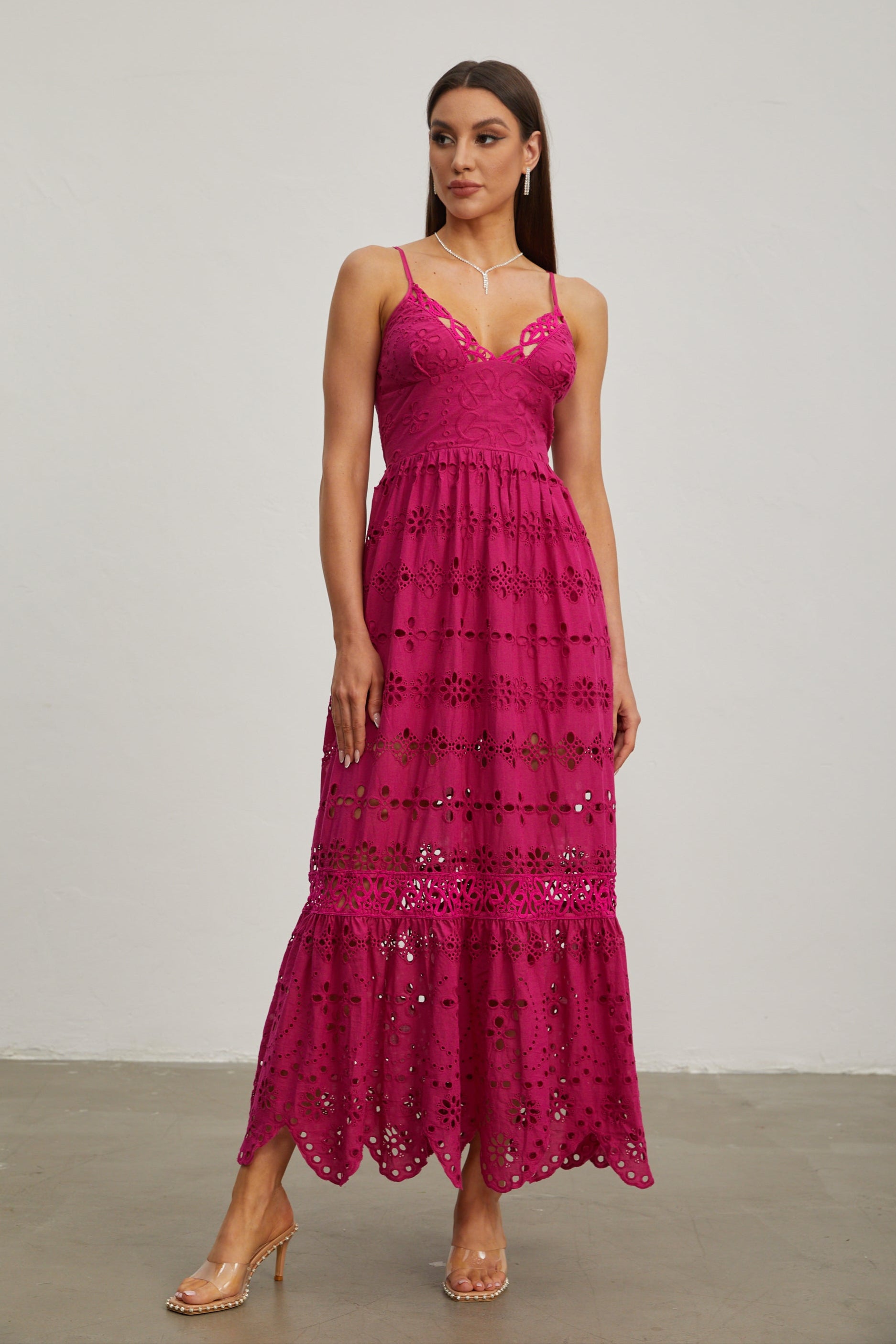 Quitterie Raspberry Lace Sleeveless Midi Dress