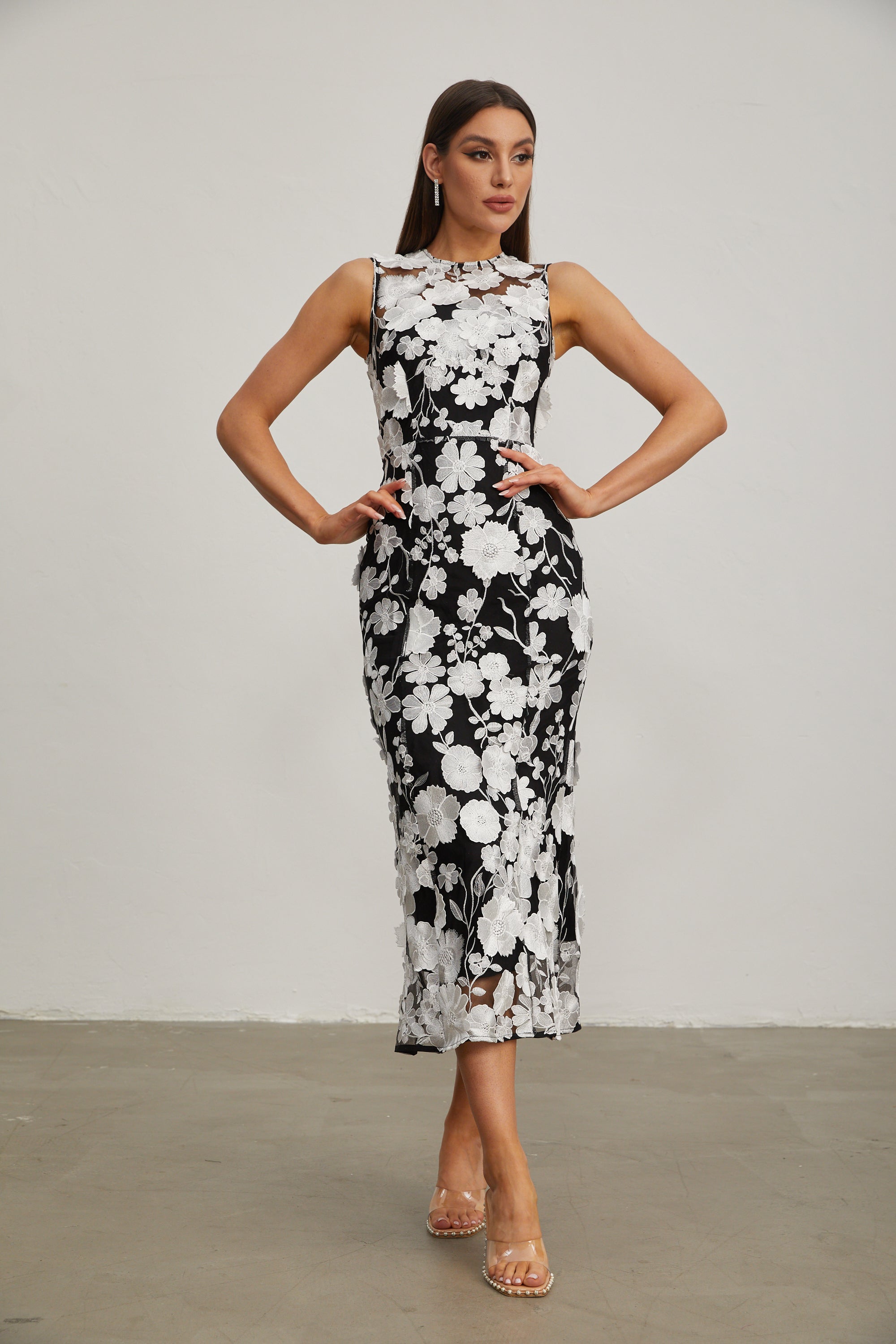 Johanna Black Floral Lace Midi Dress