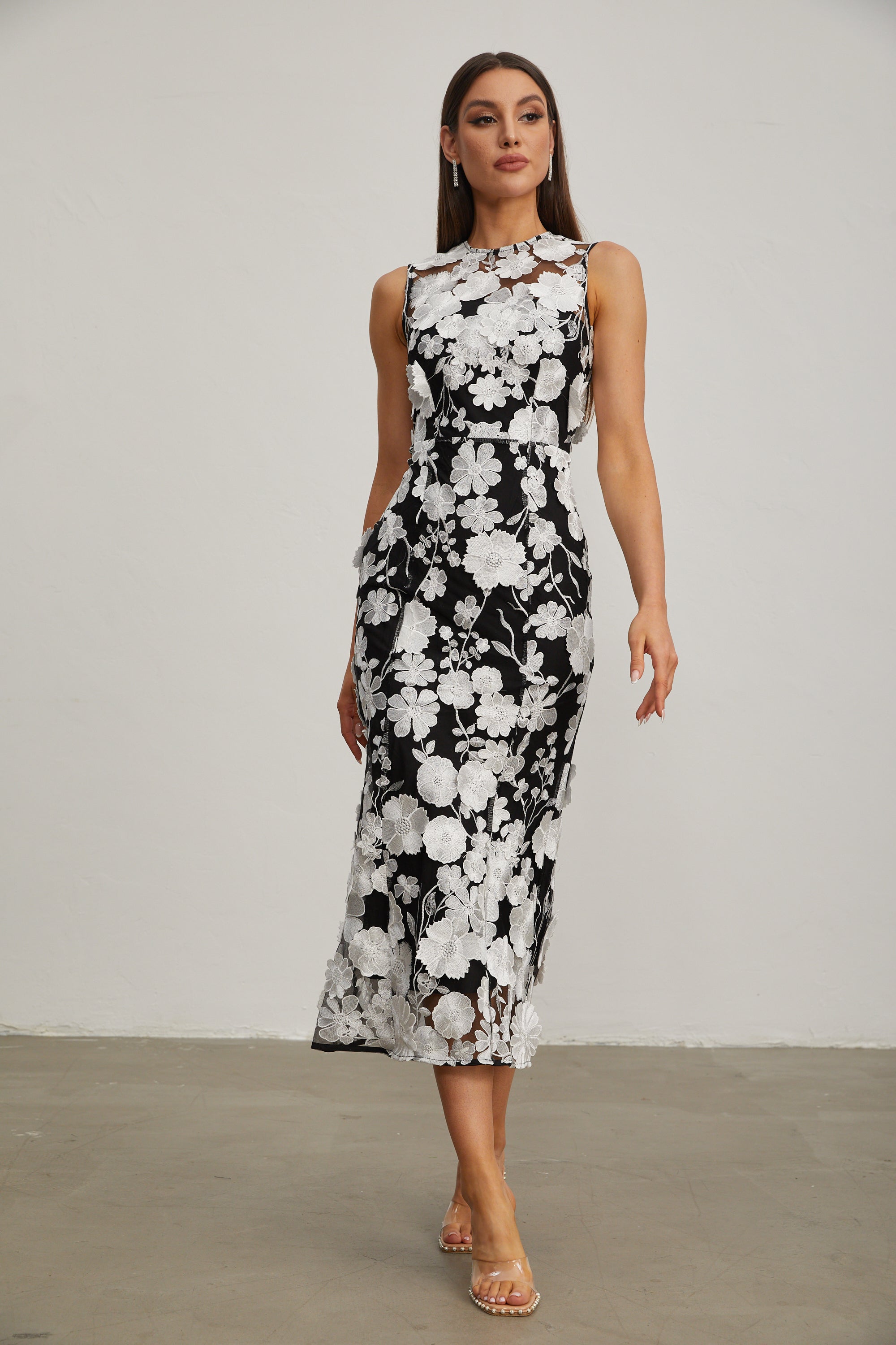 Johanna Black Floral Lace Midi Dress