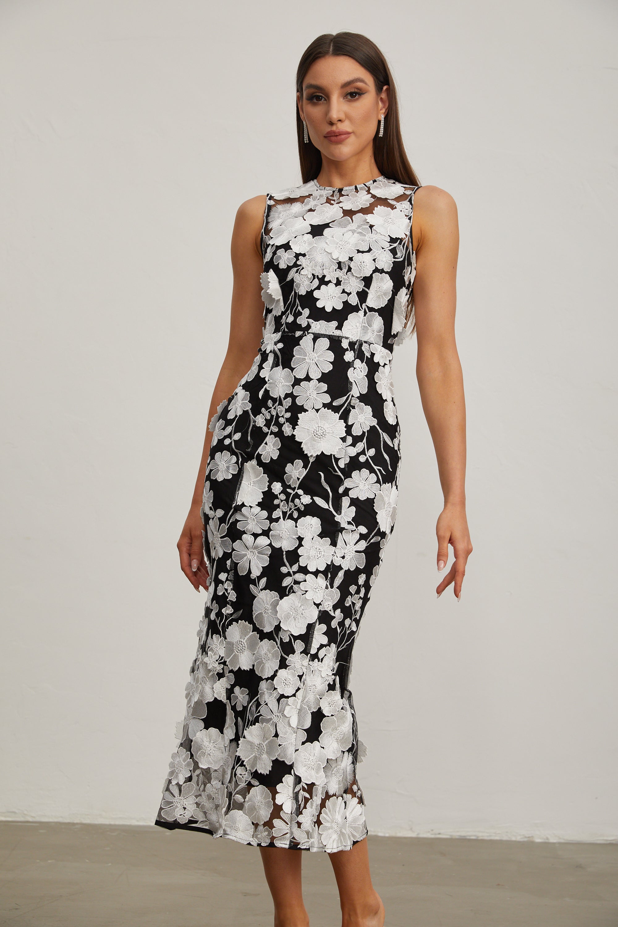 Johanna Black Floral Lace Midi Dress