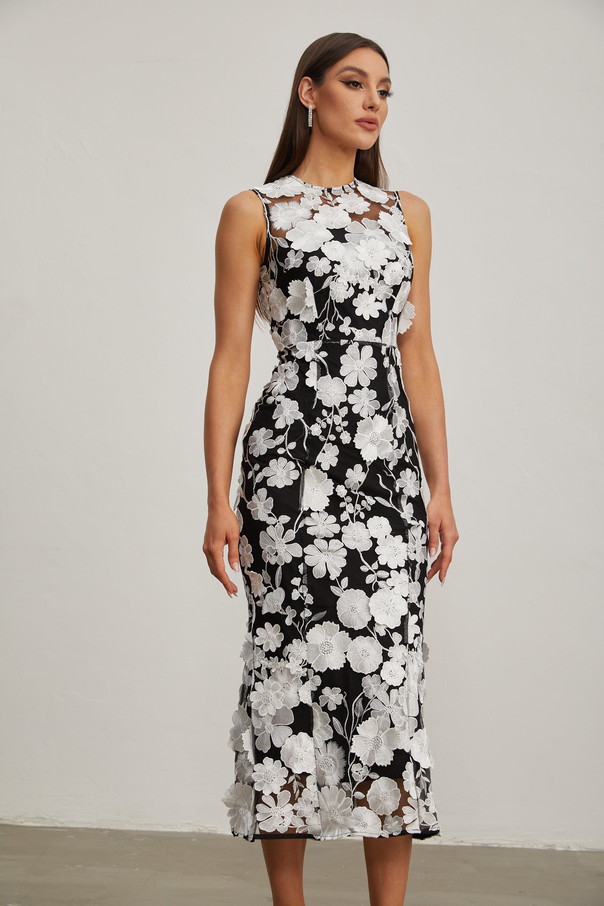 Johanna Black Floral Lace Midi Dress