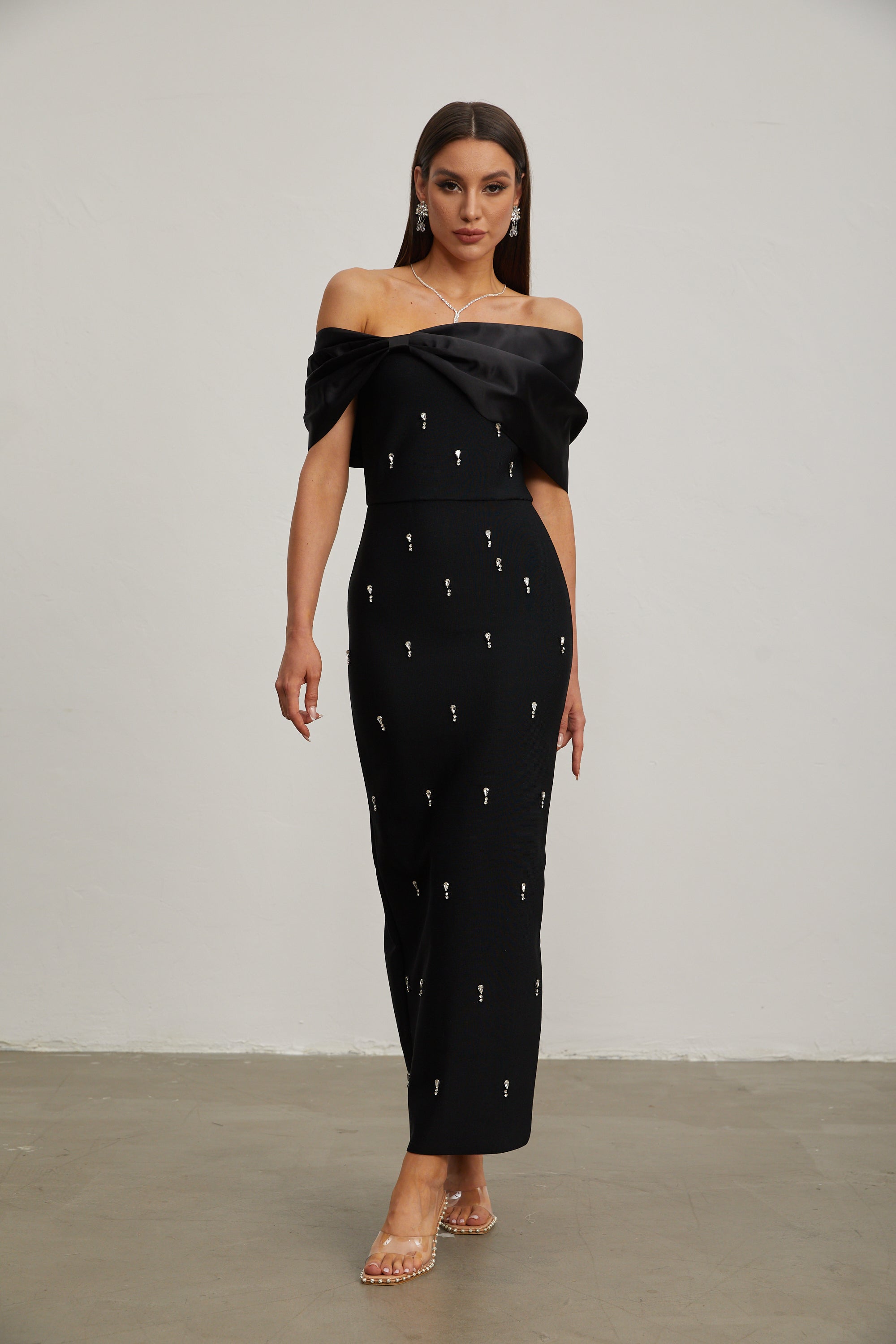 Elspeth Noir Embellished Off-Shoulder Maxi Dress