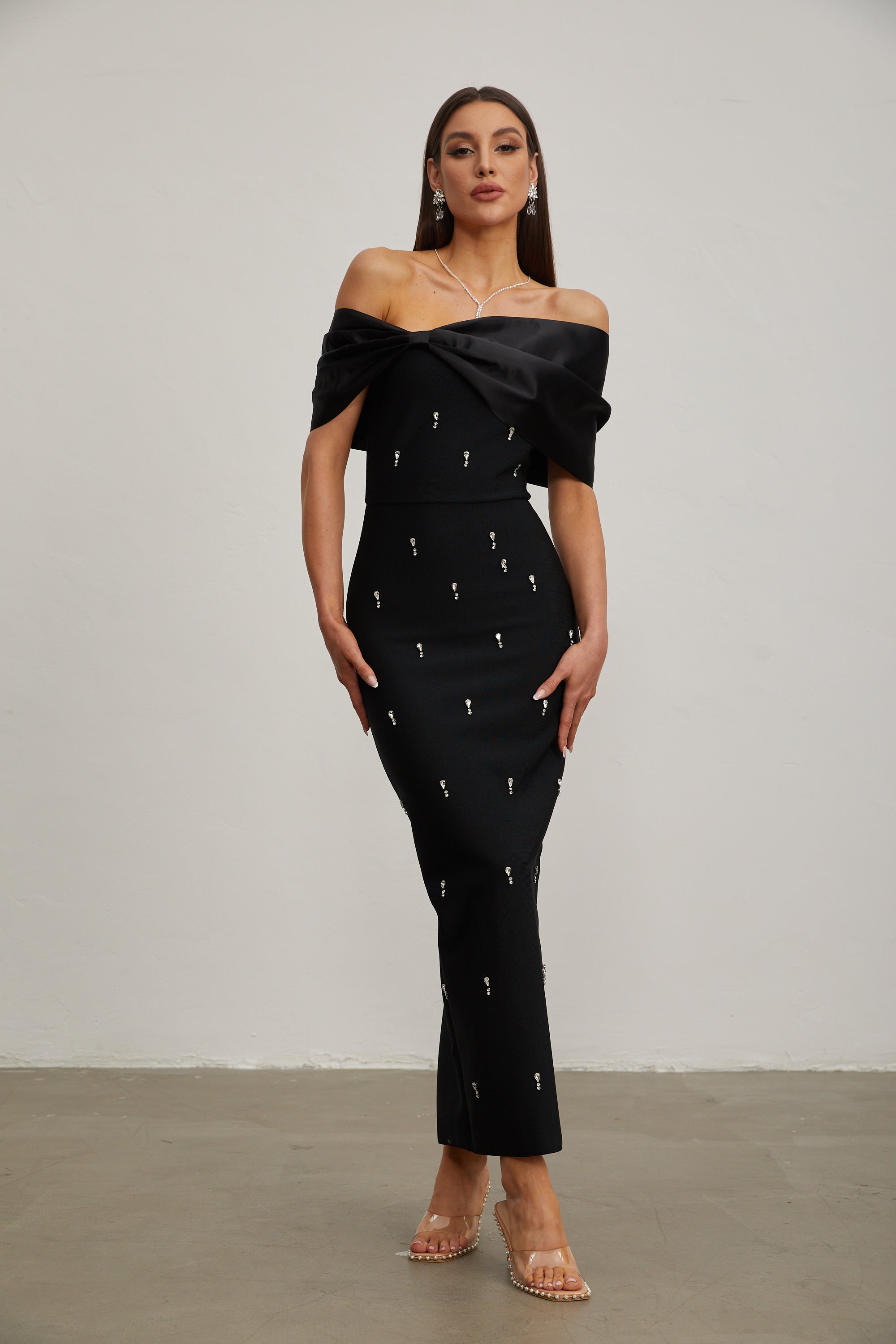 Elspeth Noir Embellished Off-Shoulder Maxi Dress