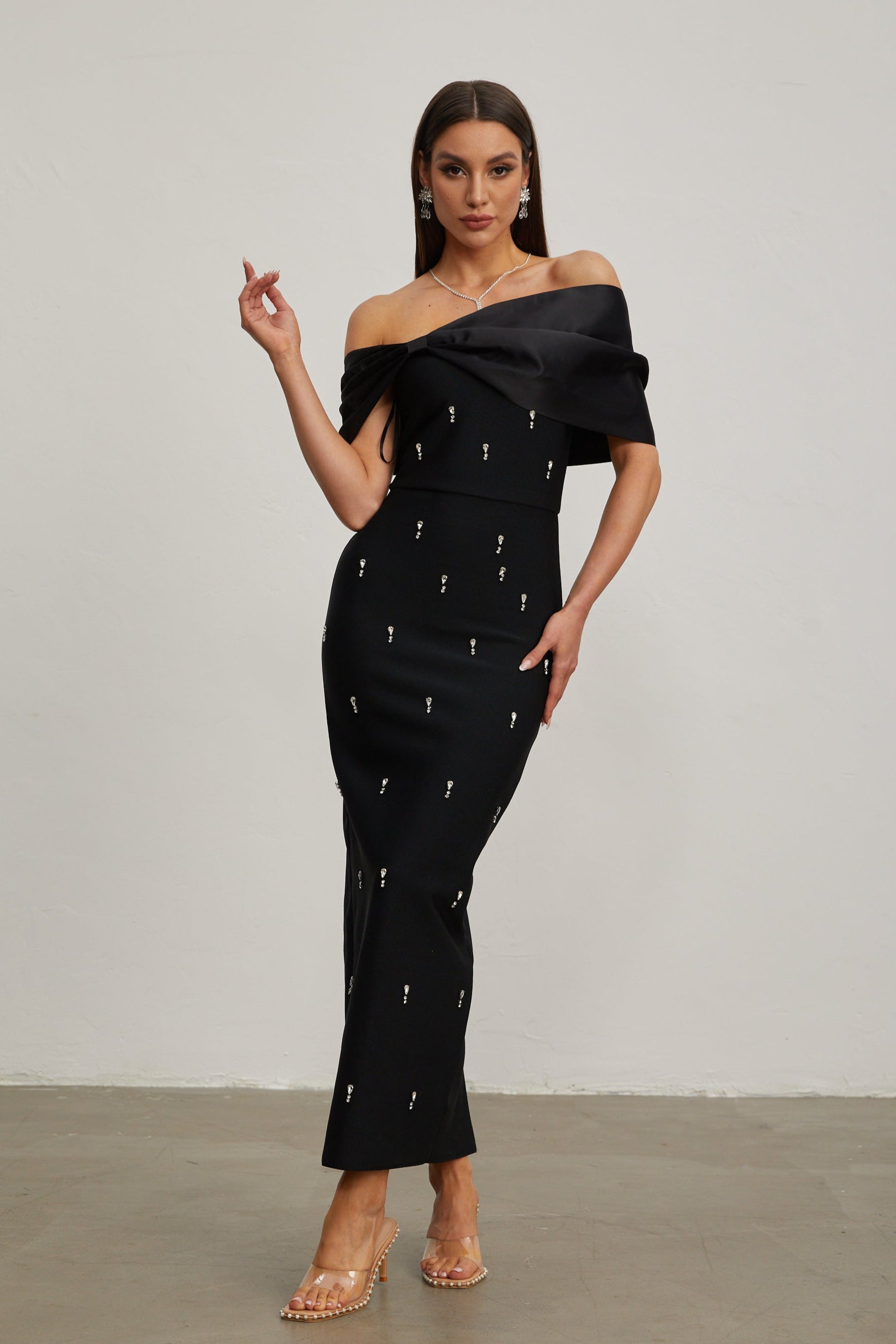 Elspeth Noir Embellished Off-Shoulder Maxi Dress