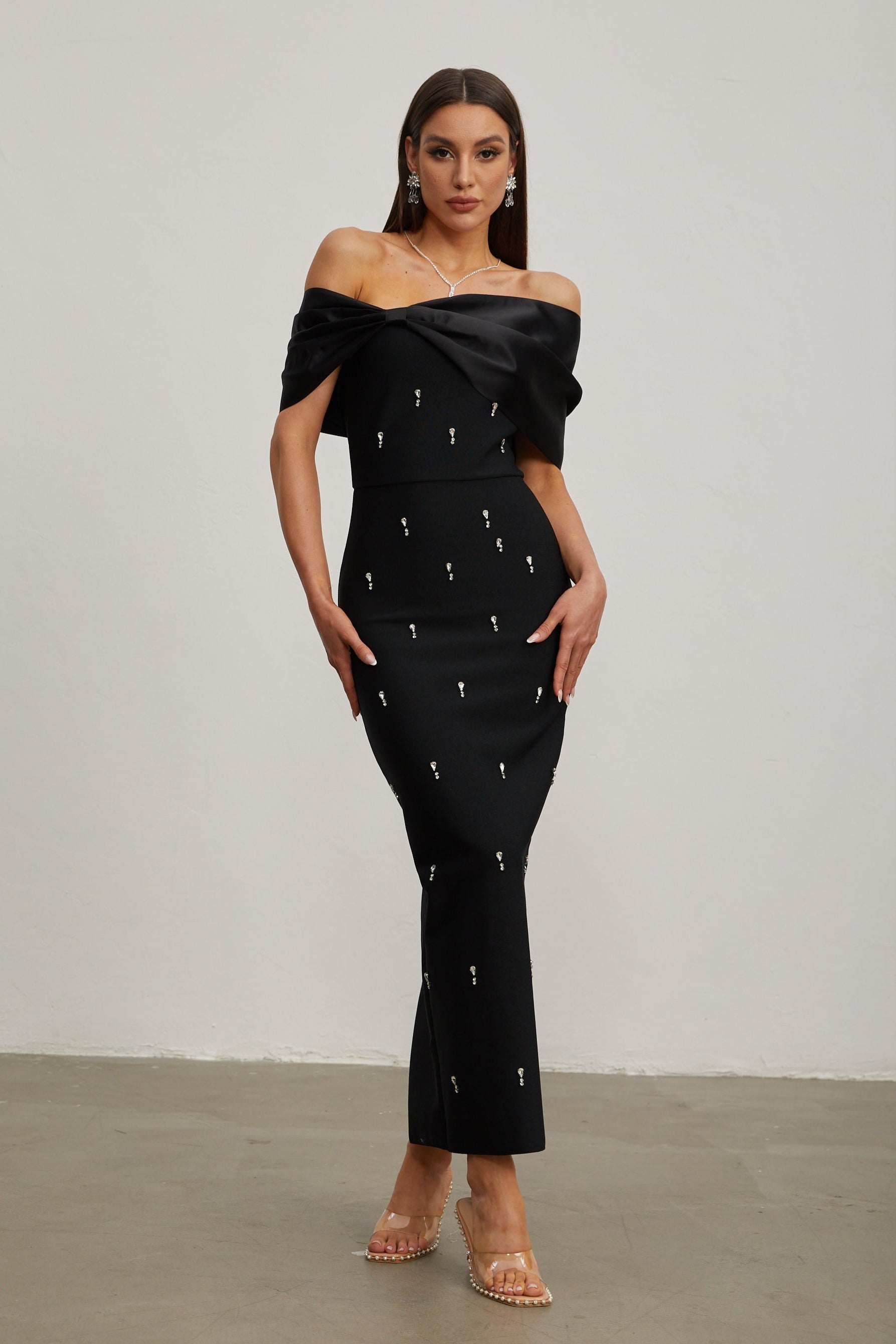 Elspeth Noir Embellished Off-Shoulder Maxi Dress