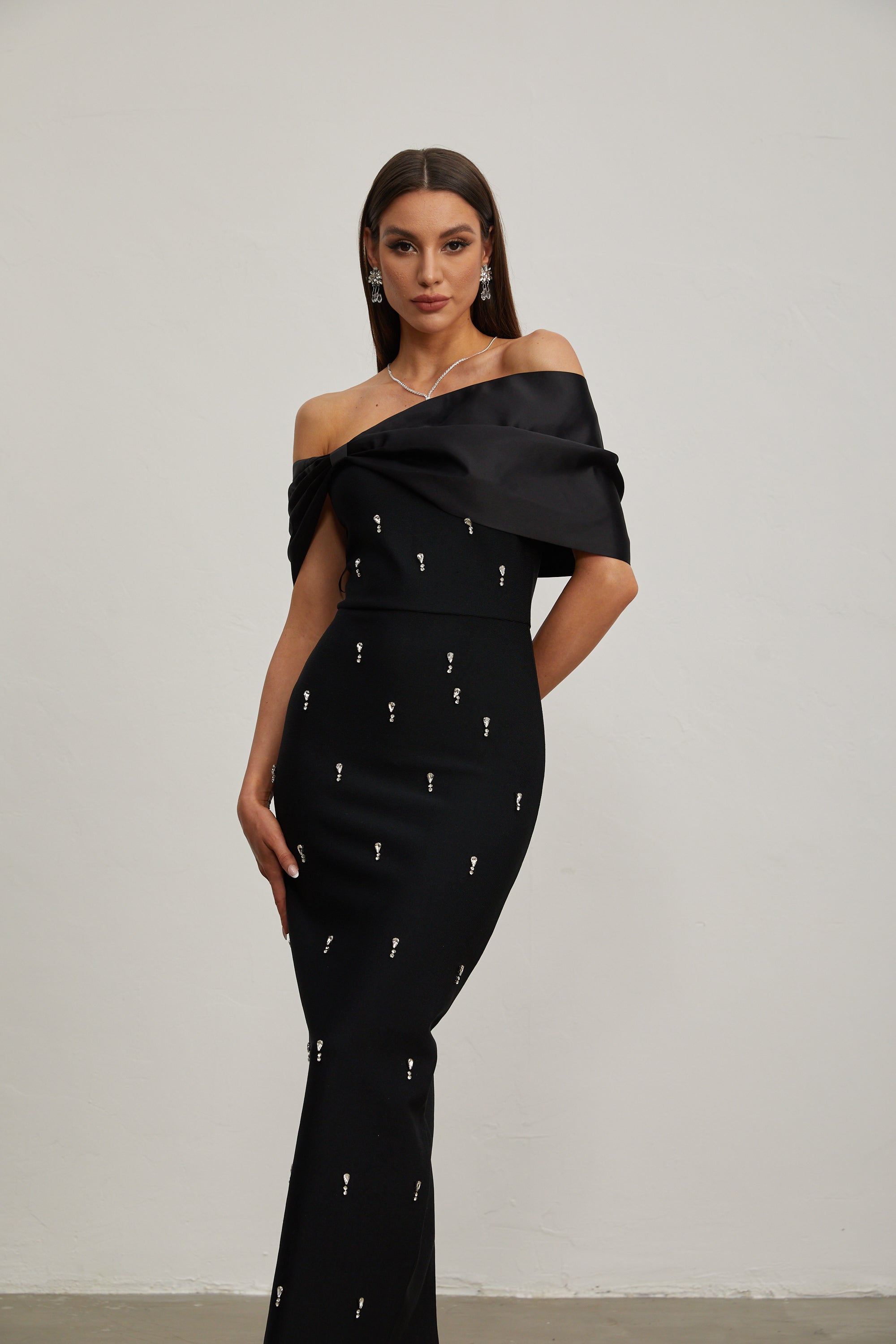Elspeth Noir Embellished Off-Shoulder Maxi Dress
