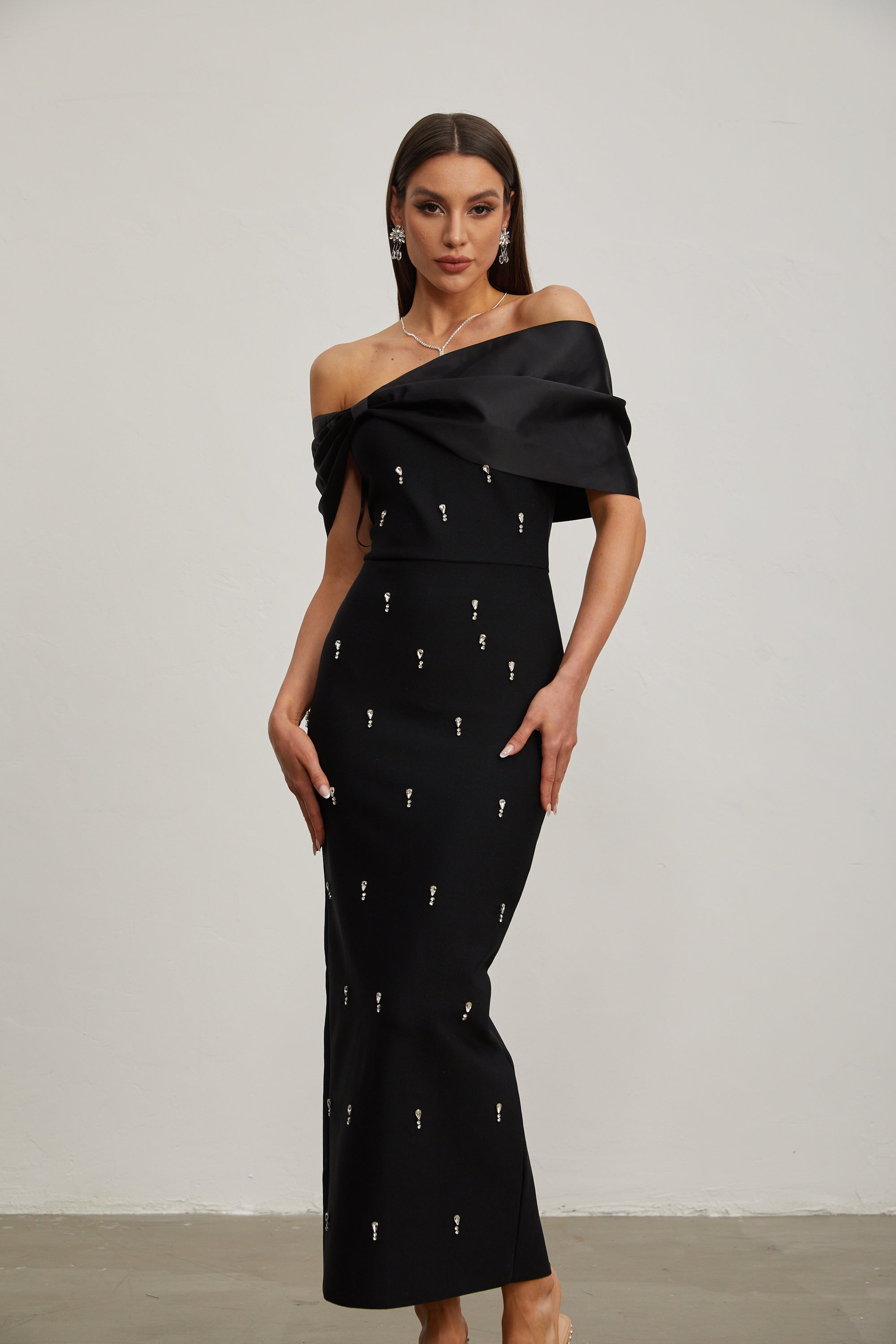 Elspeth Noir Embellished Off-Shoulder Maxi Dress