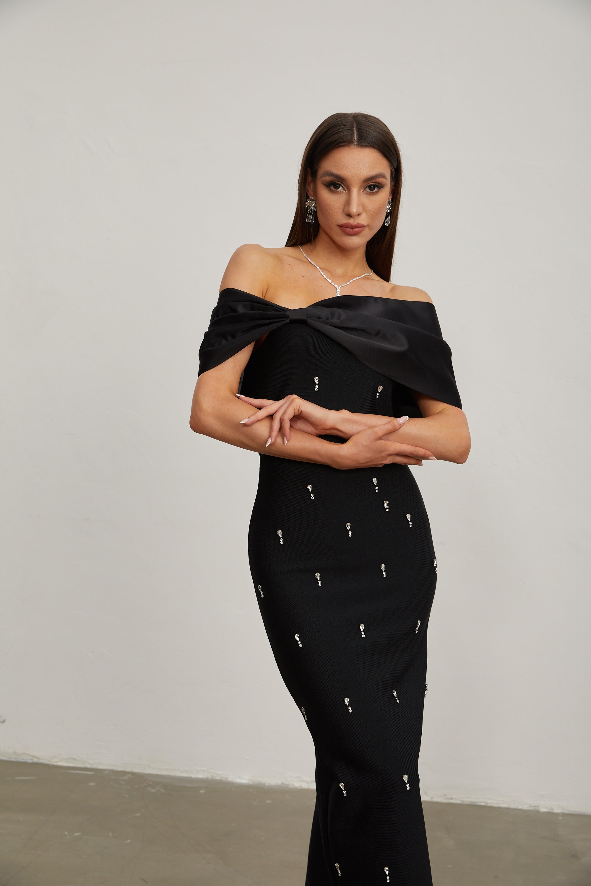 Elspeth Noir Embellished Off-Shoulder Maxi Dress