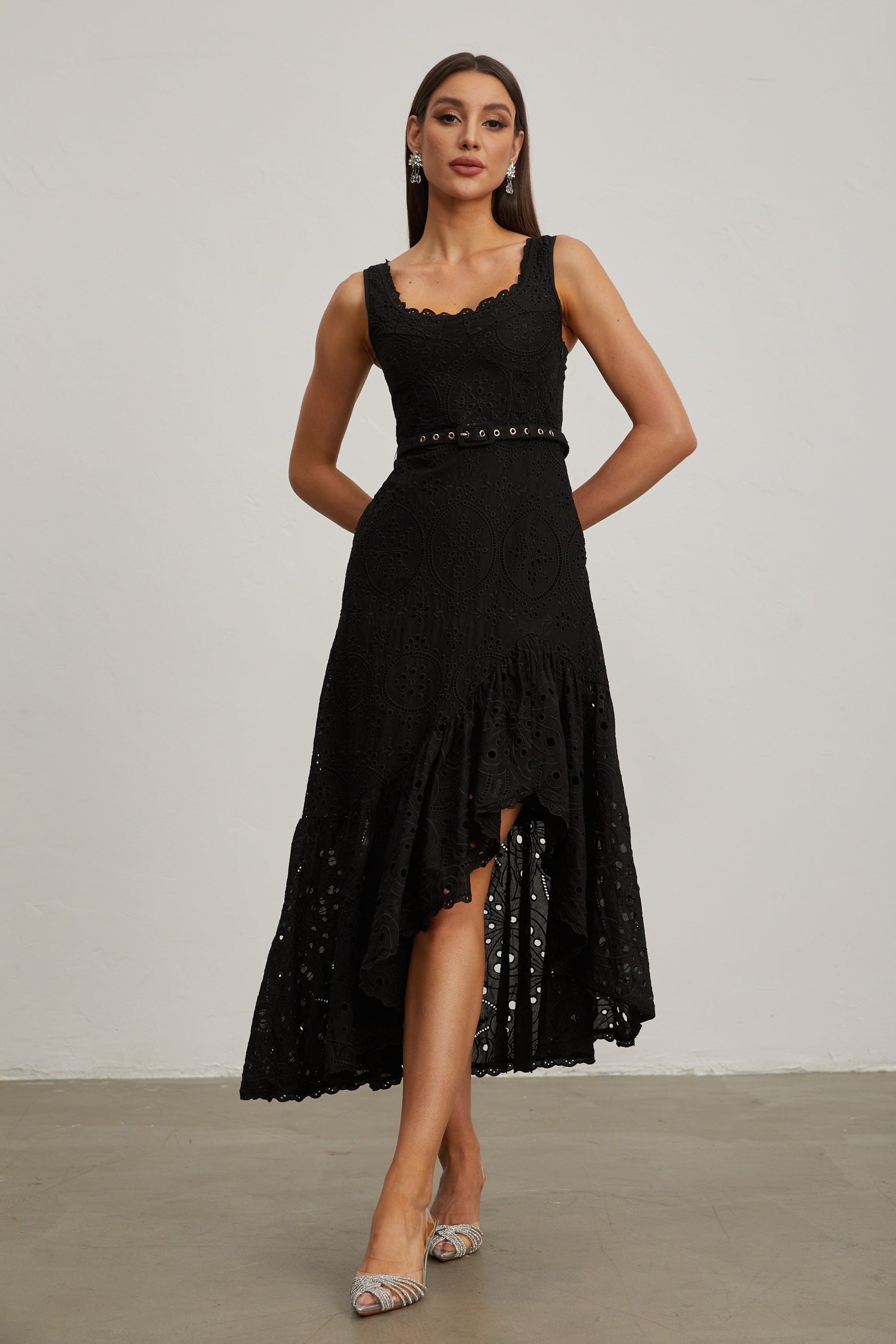 Lucy Black Lace Asymmetric Midi Dress