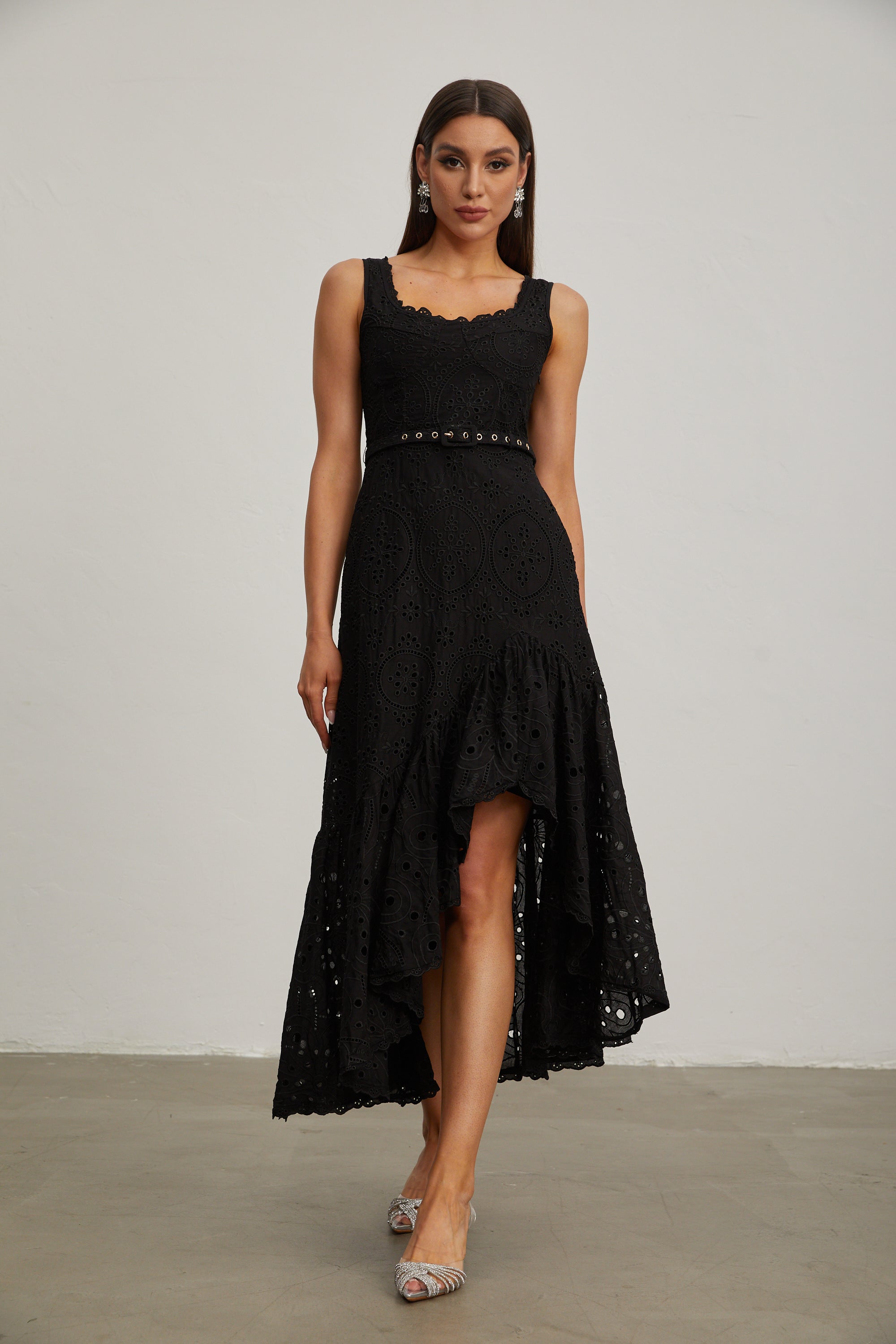 Lucy Black Lace Asymmetric Midi Dress