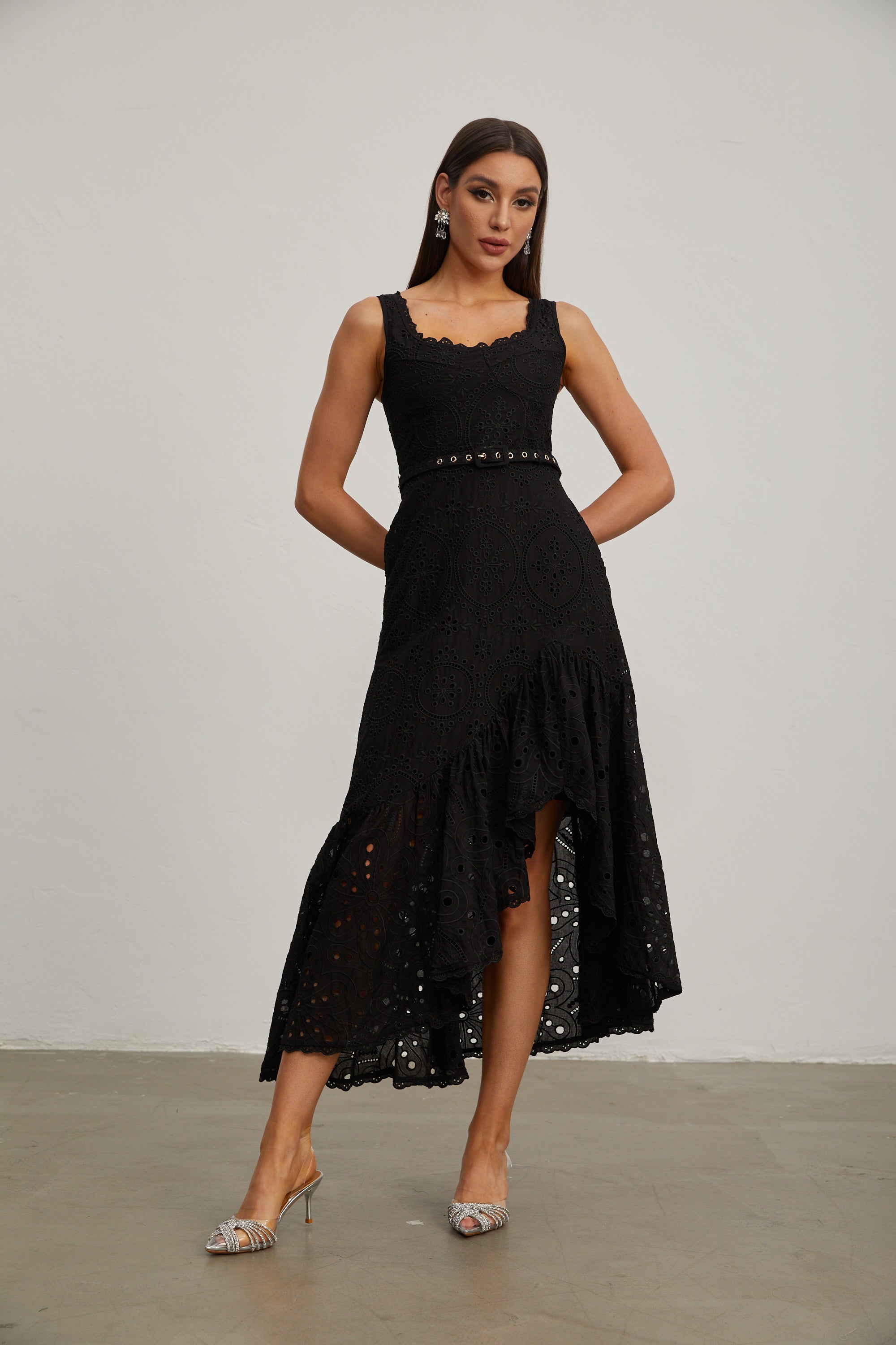 Lucy Black Lace Asymmetric Midi Dress