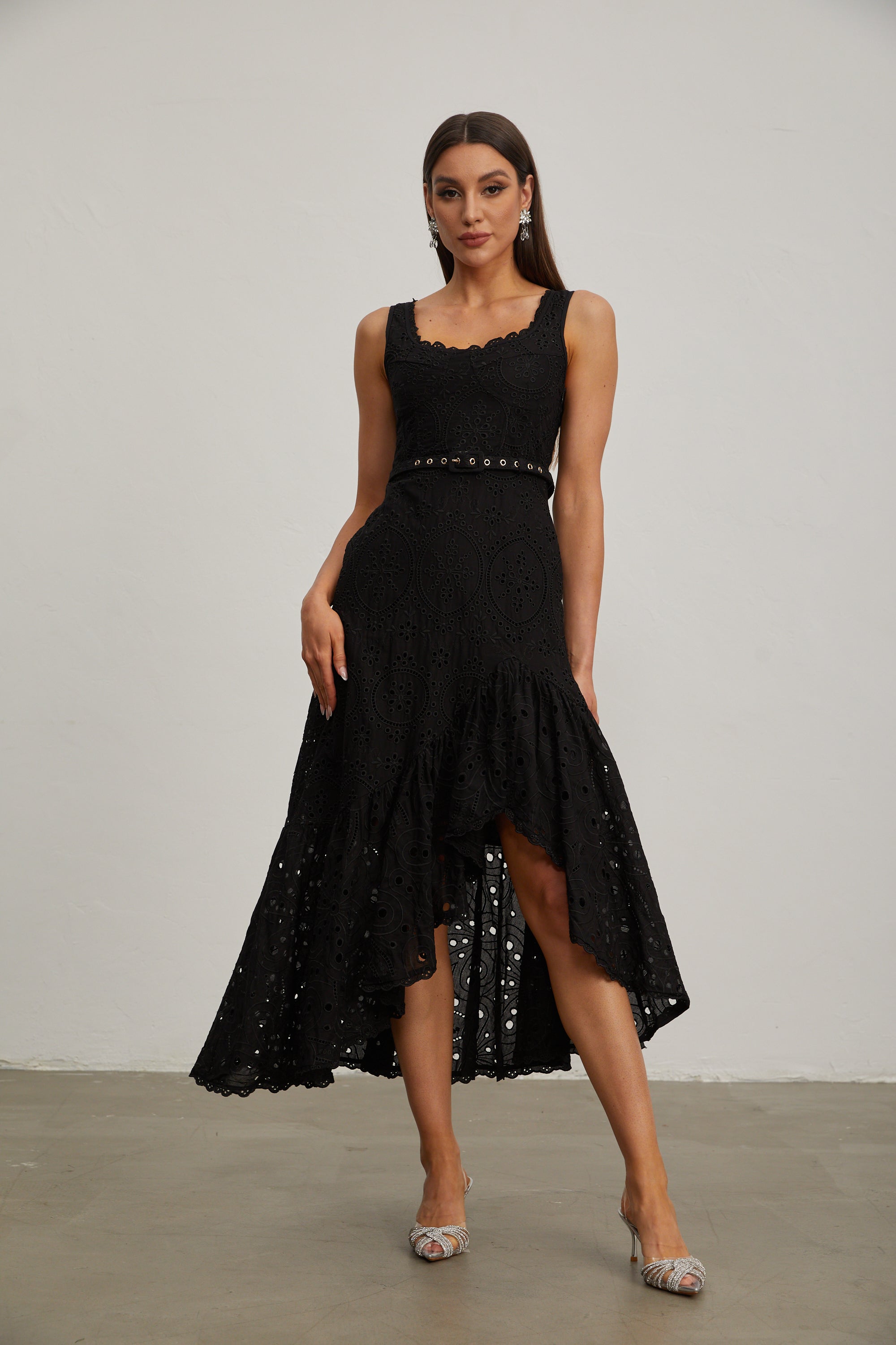 Lucy Black Lace Asymmetric Midi Dress